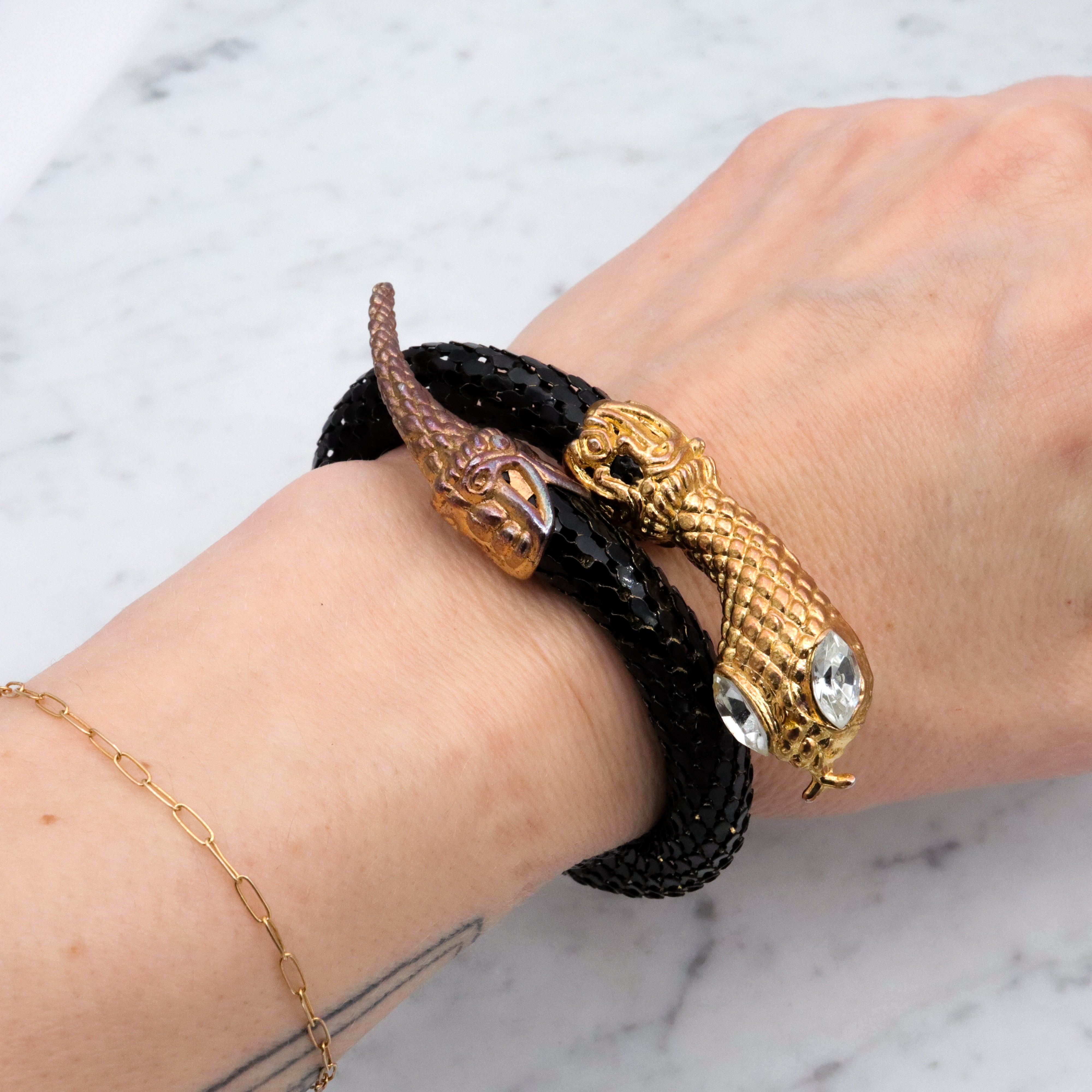 Mid Century black mesh snake wrap bracelet with diamond crystal eyes