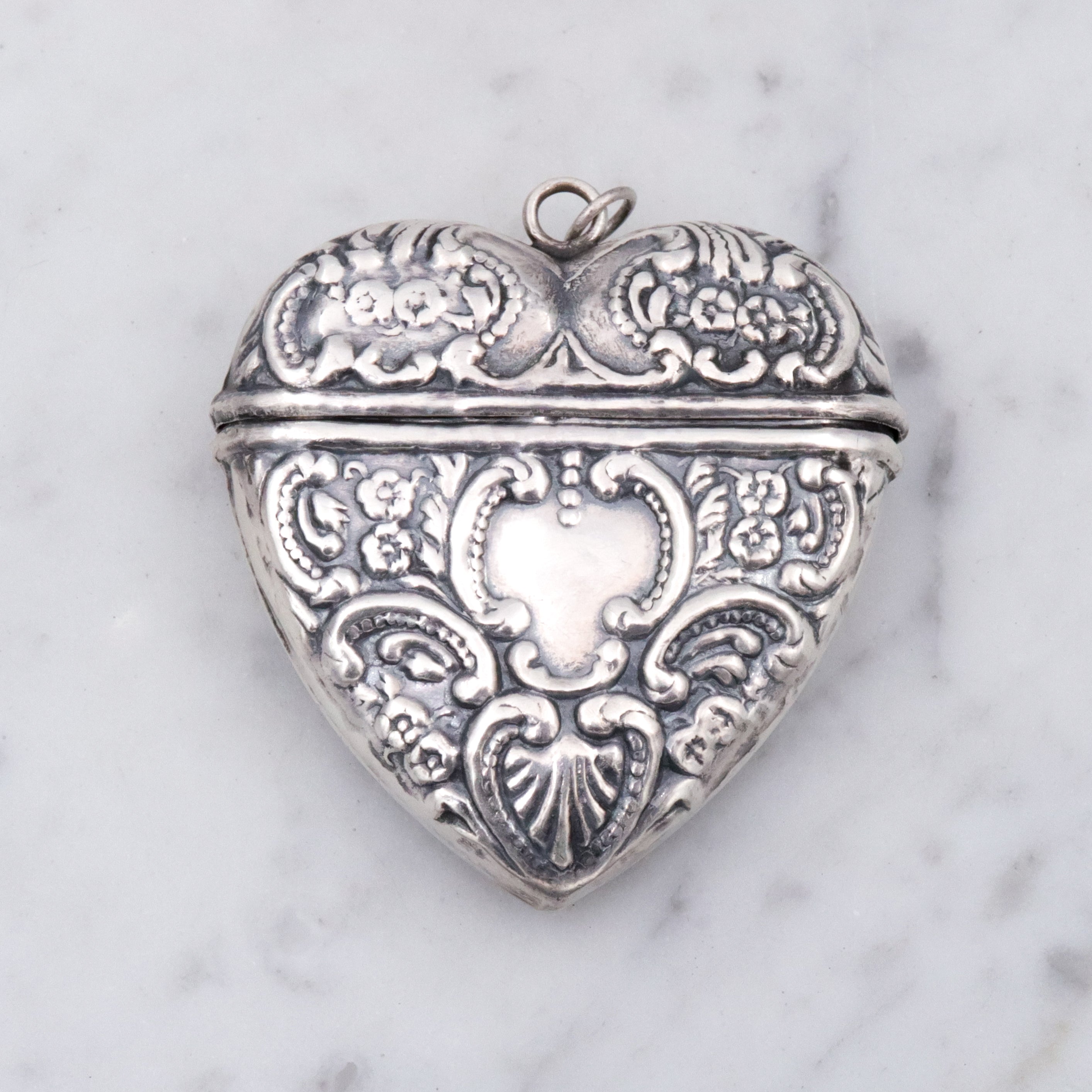 Antique sterling repousse puffy heart chatelaine box pendant