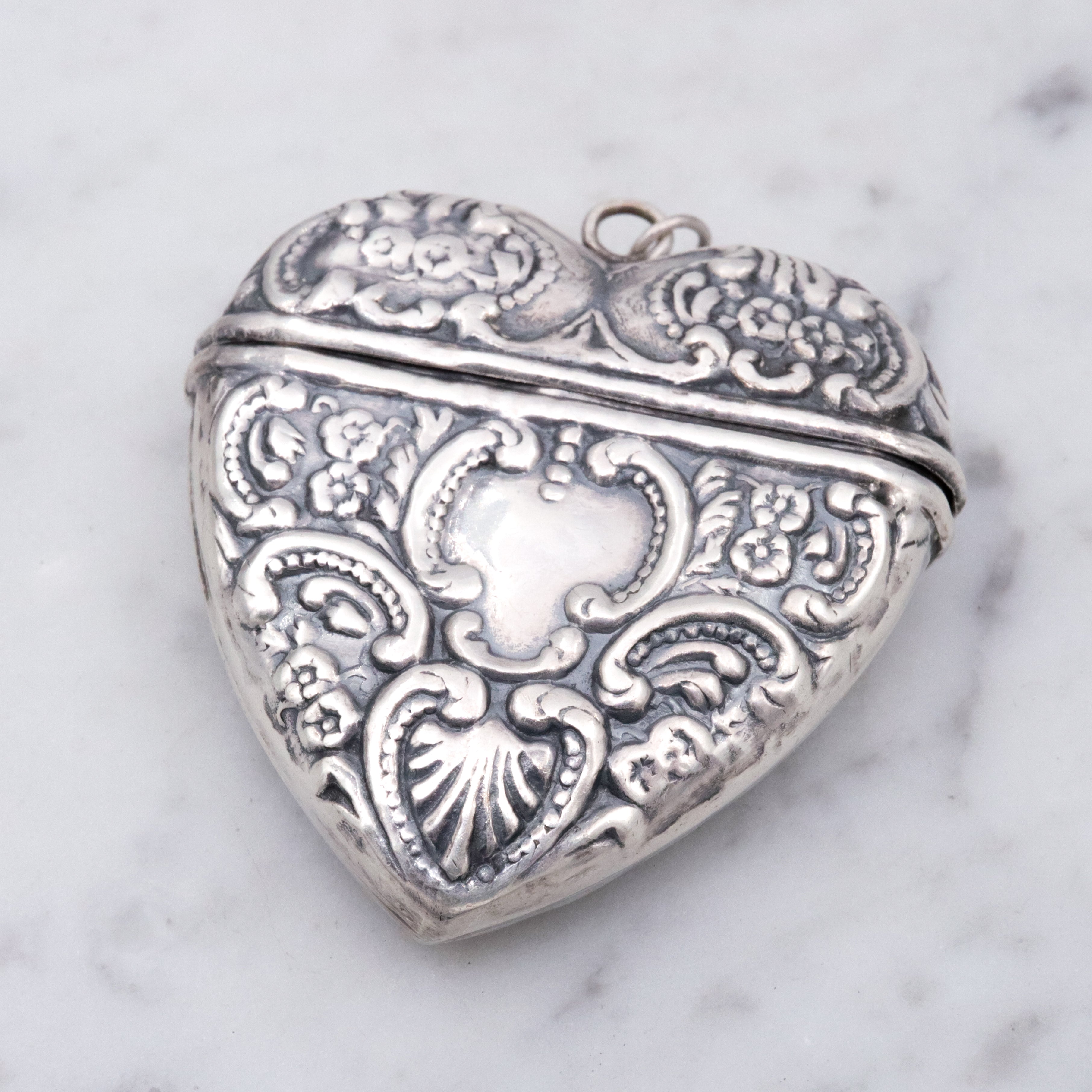 Antique sterling repousse puffy heart chatelaine box pendant