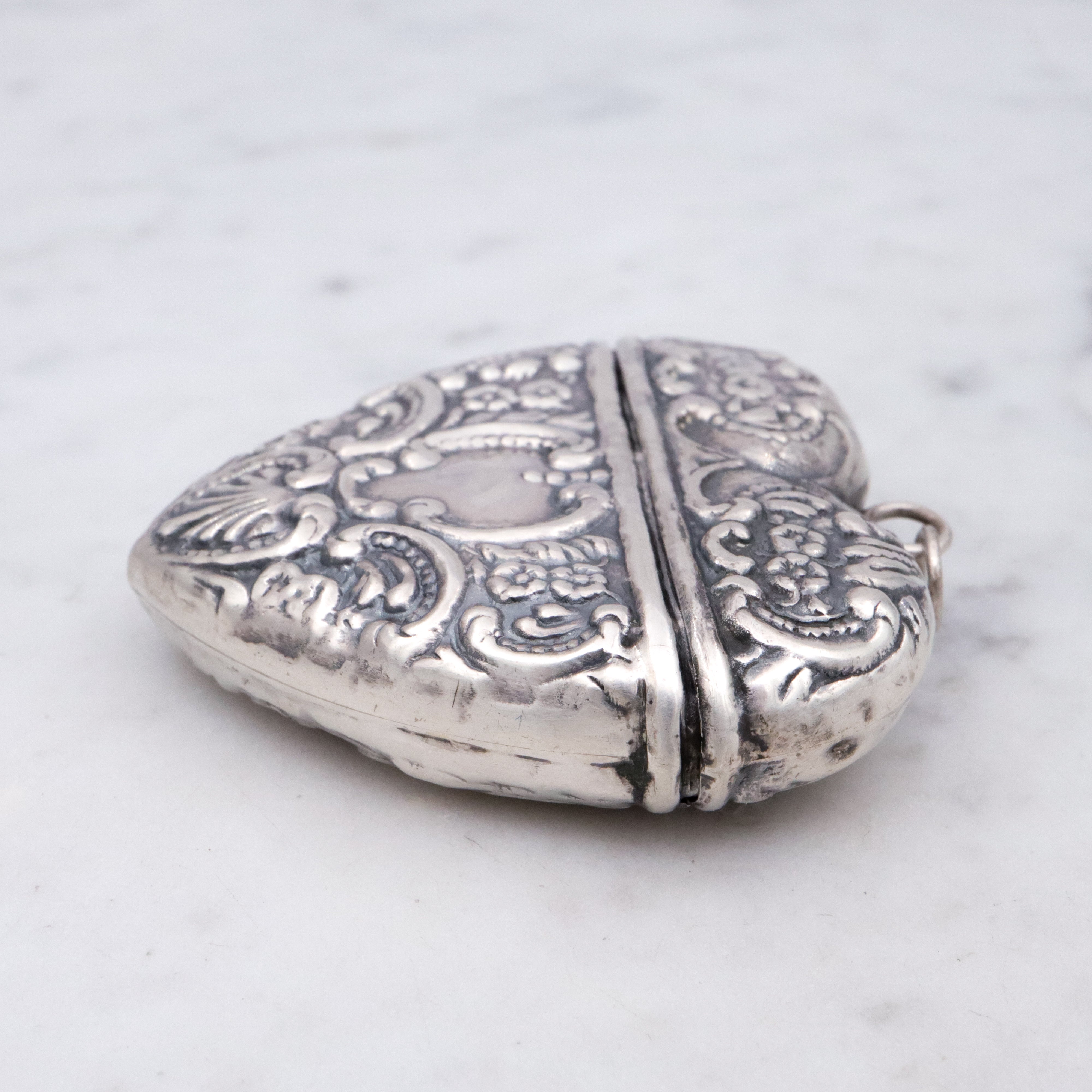 Antique sterling repousse puffy heart chatelaine box pendant