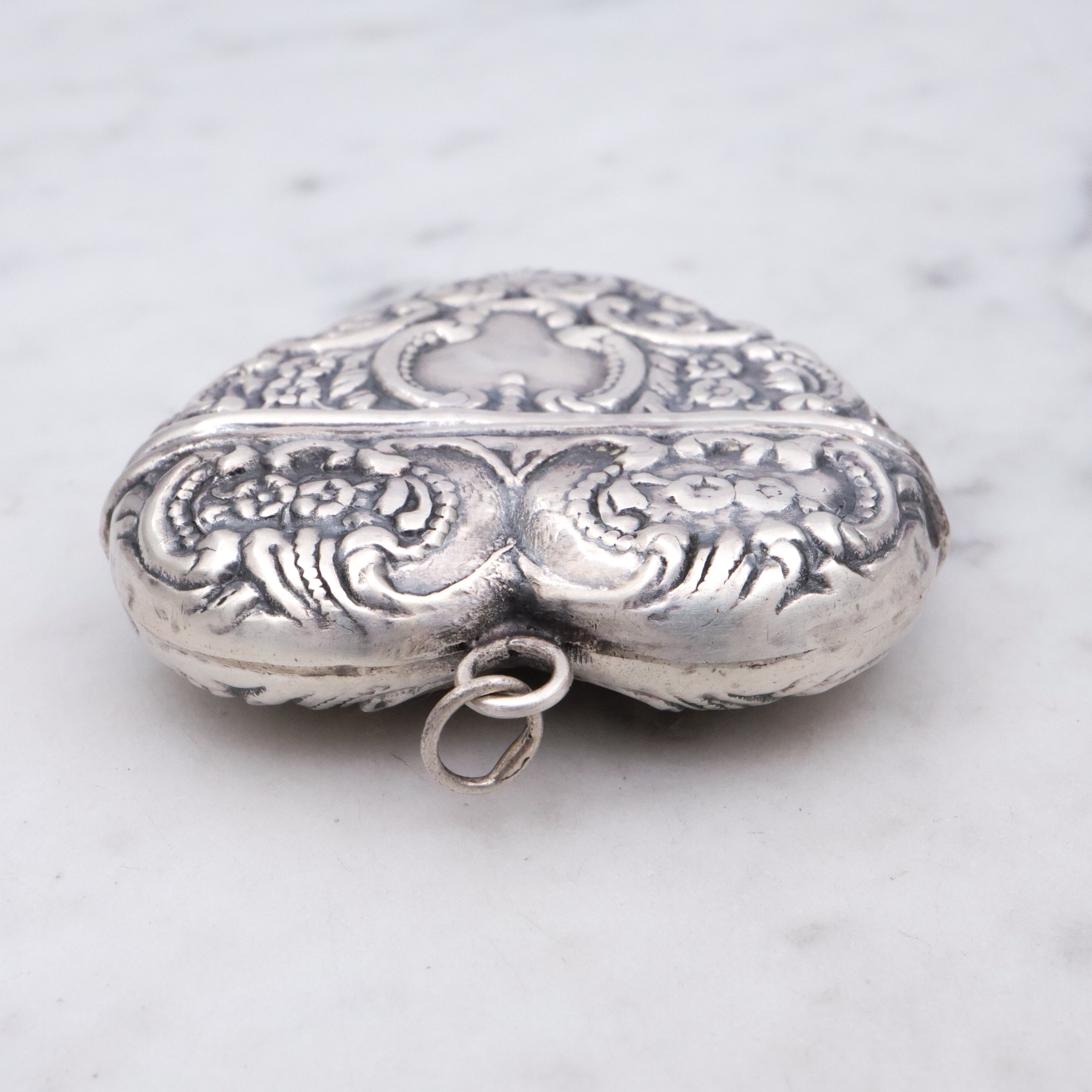 Antique sterling repousse puffy heart chatelaine box pendant