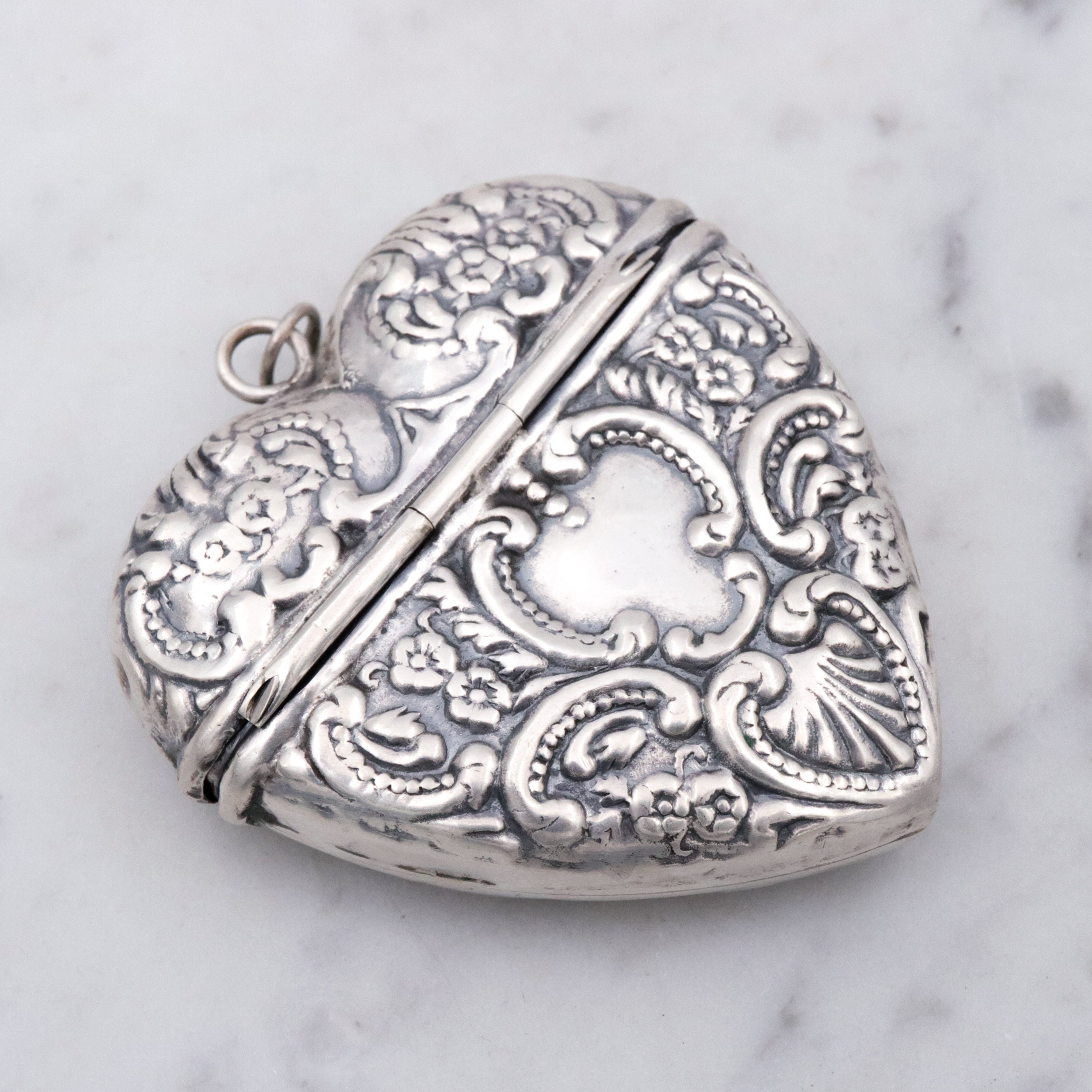 Antique sterling repousse puffy heart chatelaine box pendant