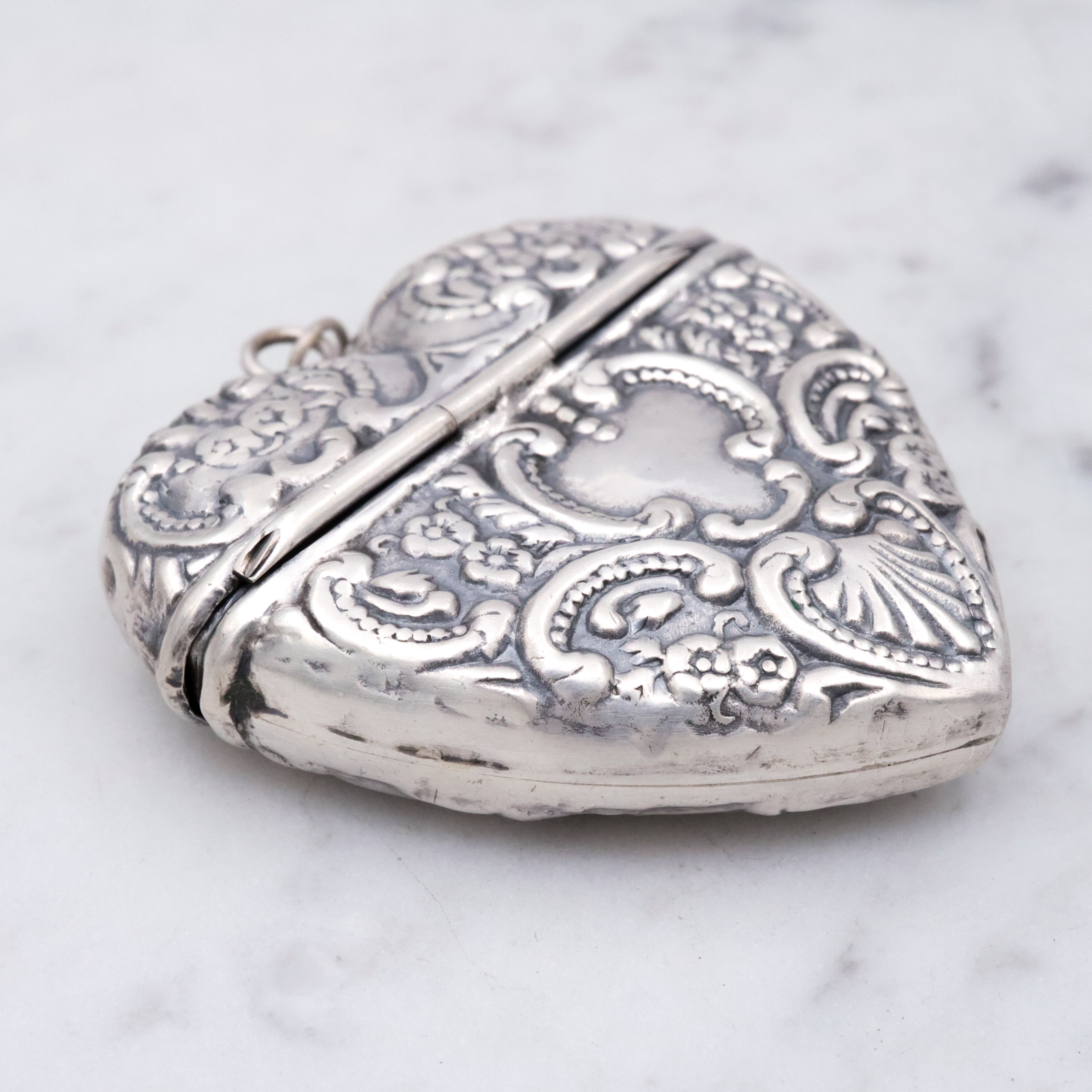 Antique sterling repousse puffy heart chatelaine box pendant