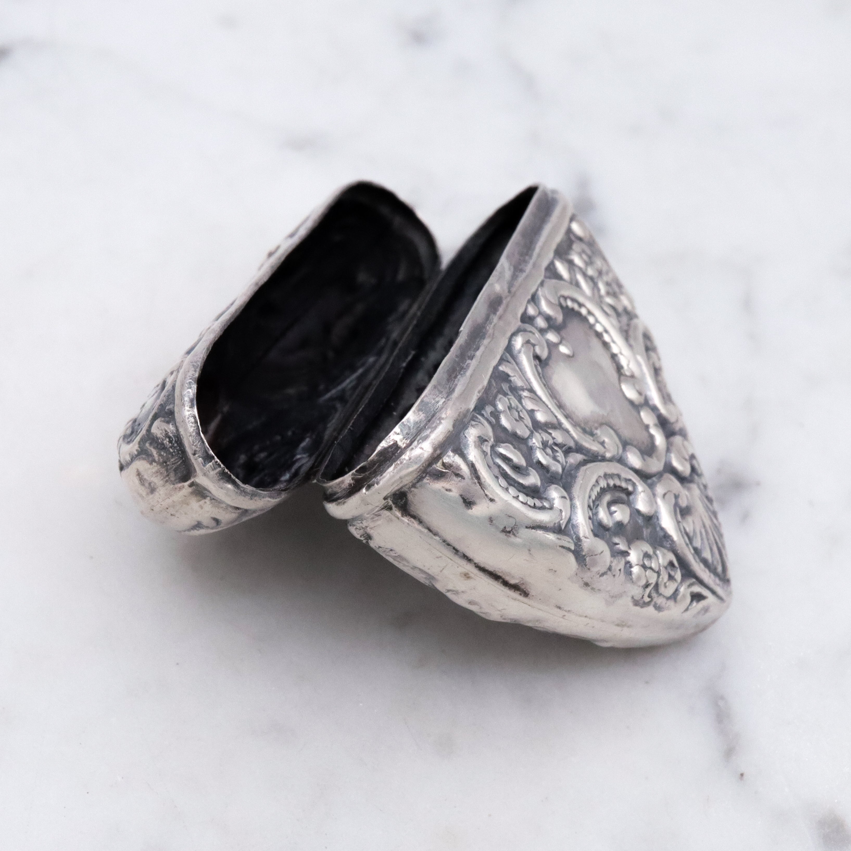 Antique sterling repousse puffy heart chatelaine box pendant