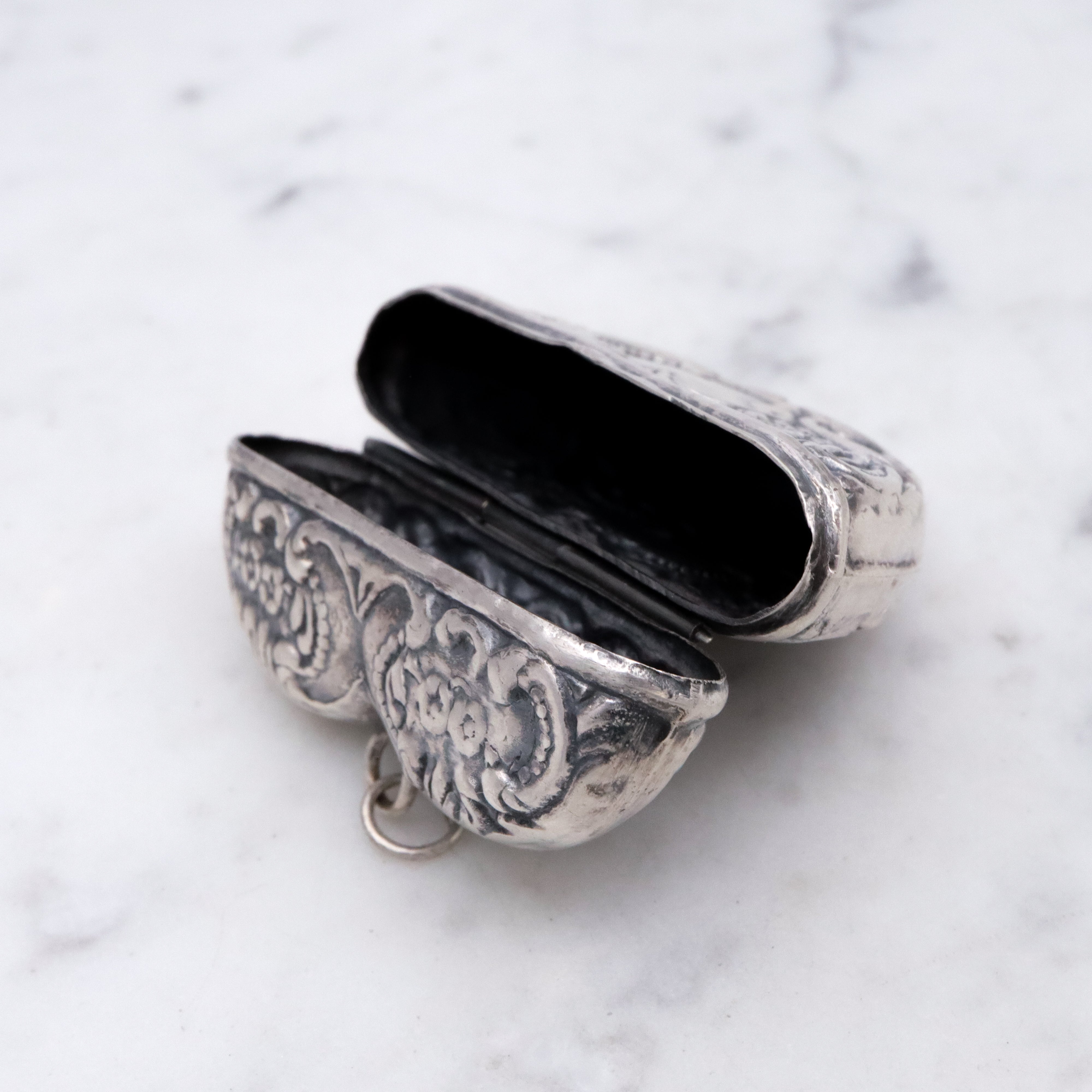 Antique sterling repousse puffy heart chatelaine box pendant