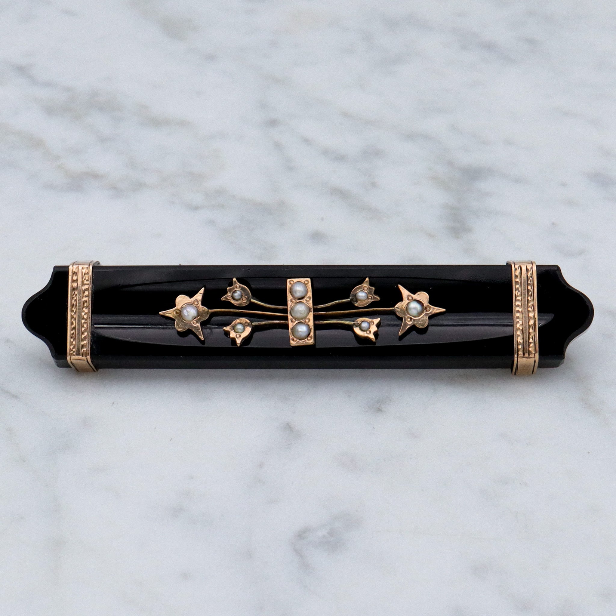 Antique Victorian carved jet & pearl 10k gold mourning bar brooch