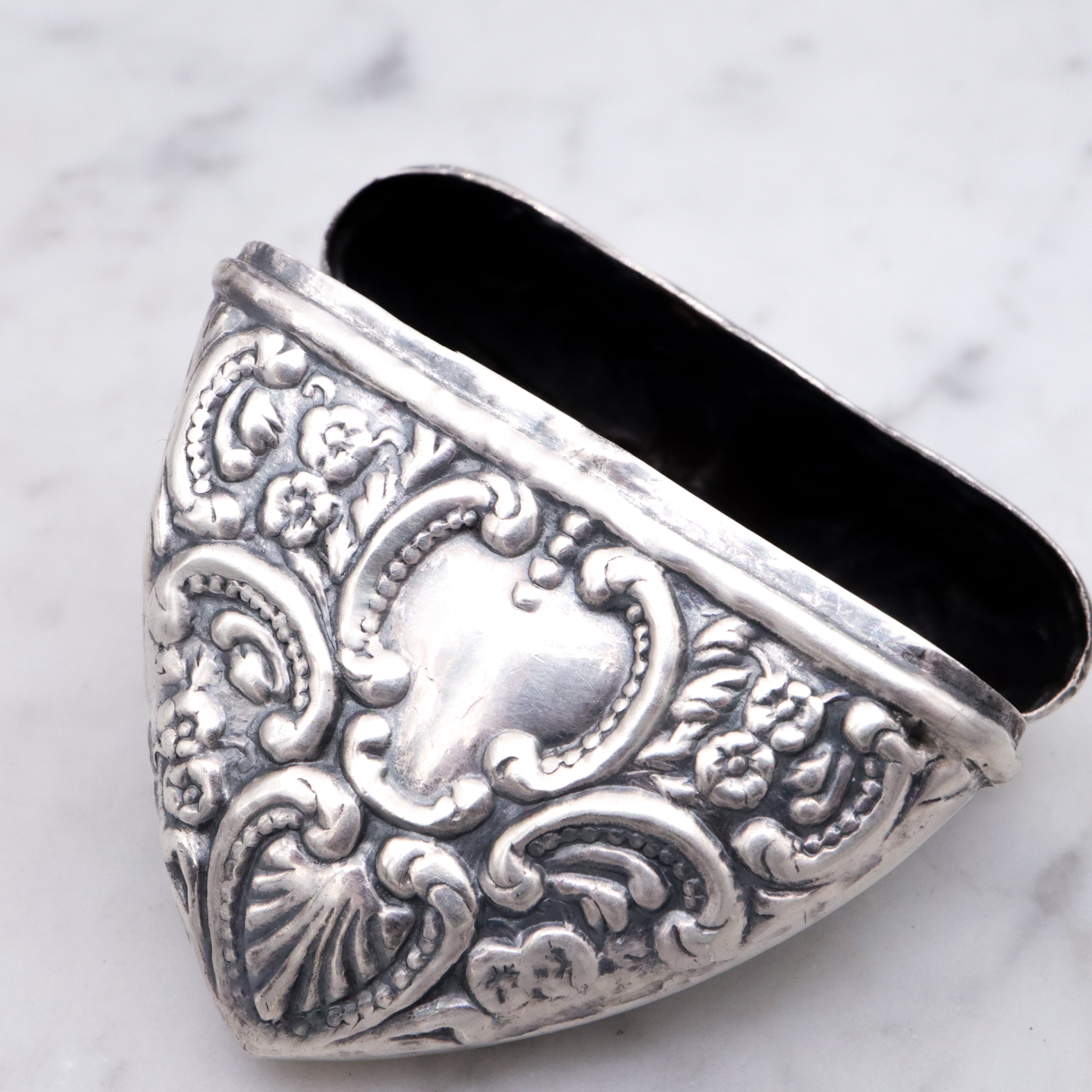 Antique sterling repousse puffy heart chatelaine box pendant