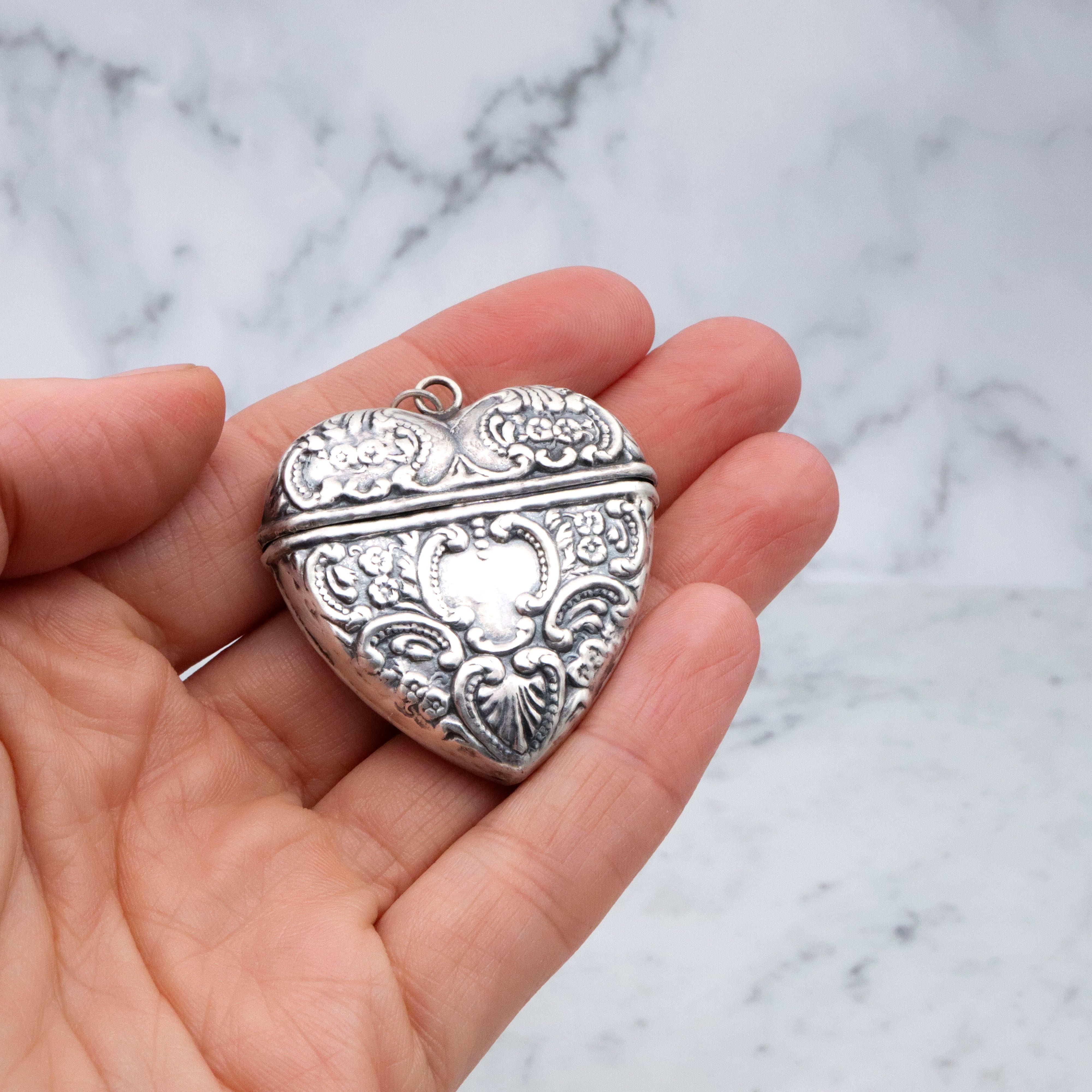 Antique sterling repousse puffy heart chatelaine box pendant