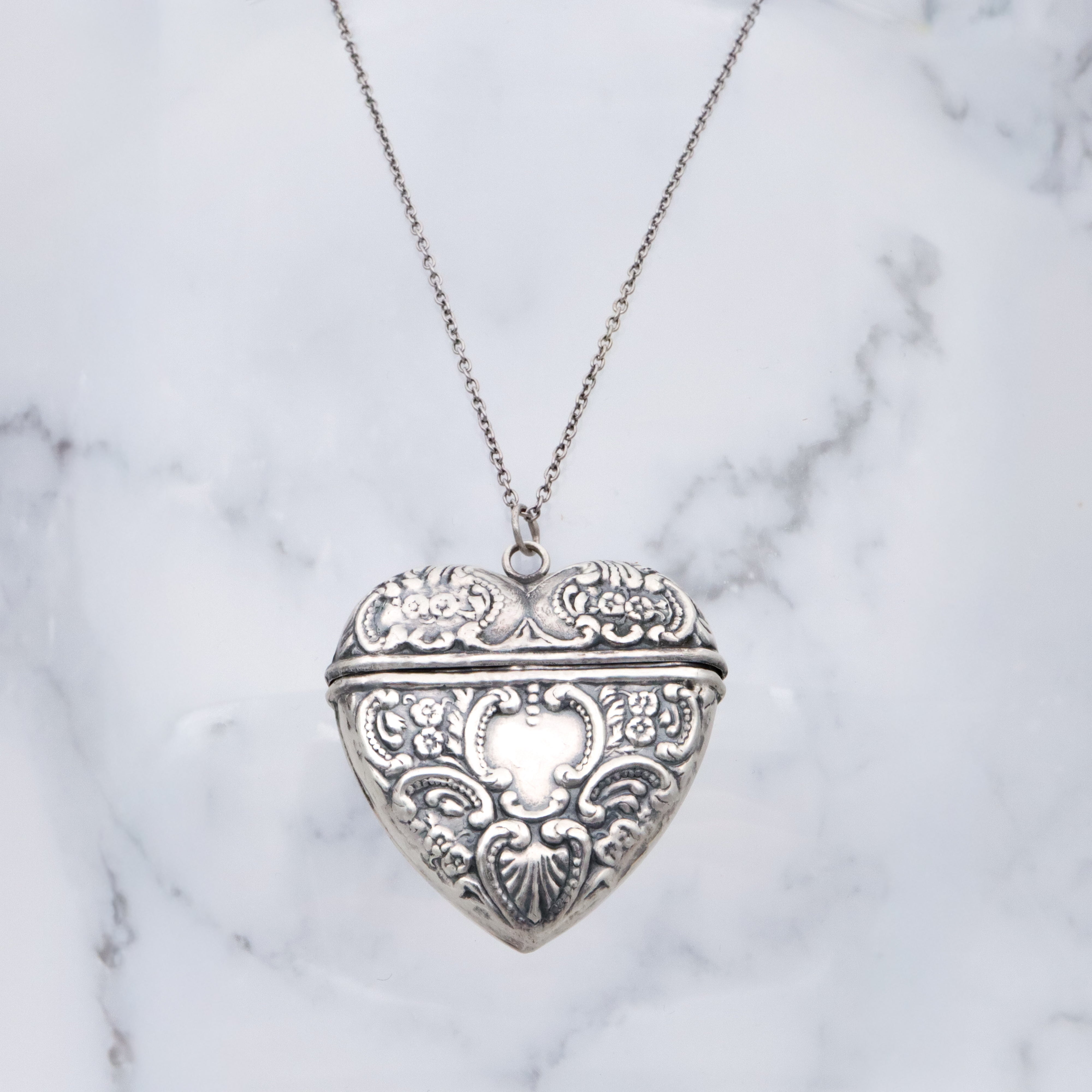 Antique sterling repousse puffy heart chatelaine box pendant