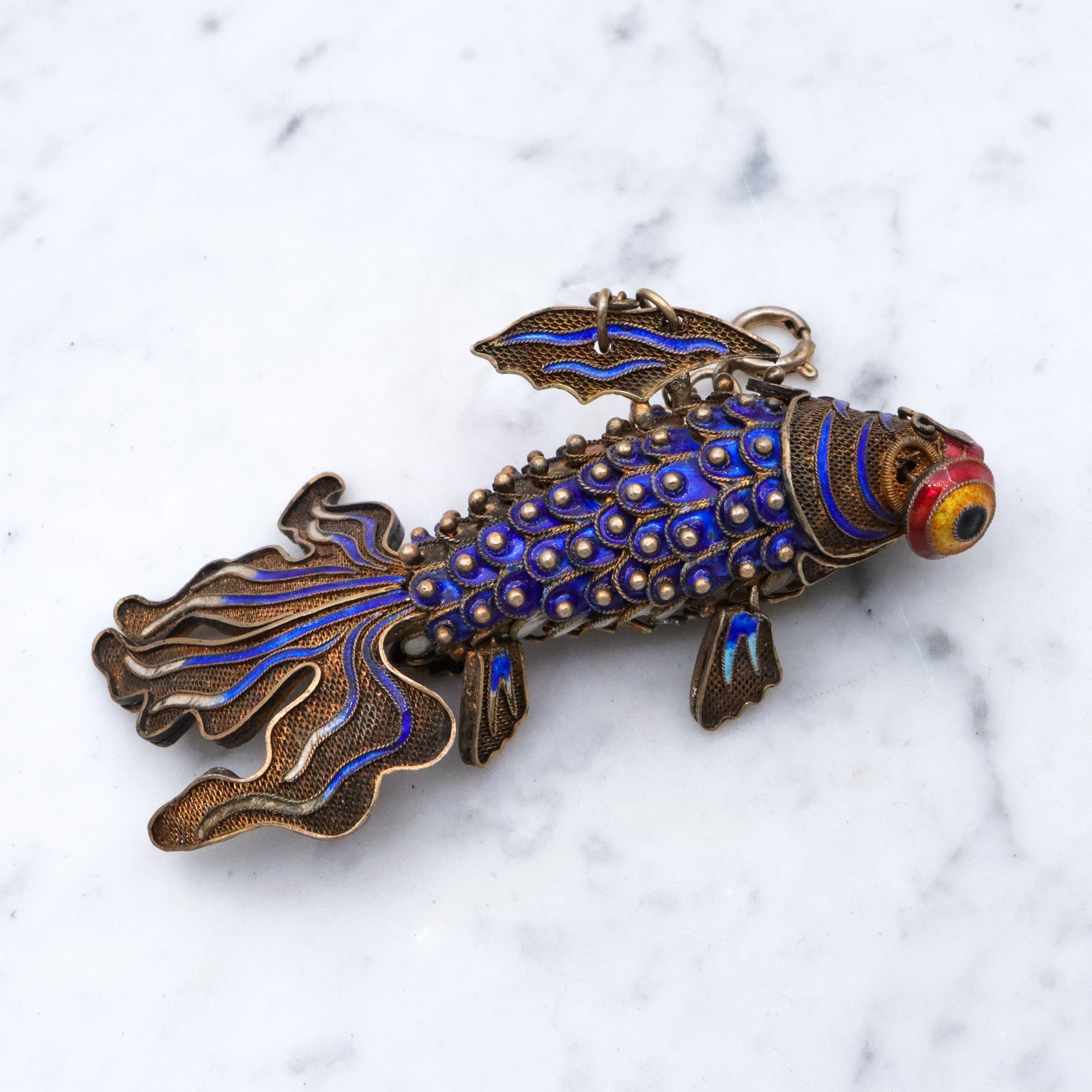 Massive antique Chinese gilt silver & enamel articulated fish pendant