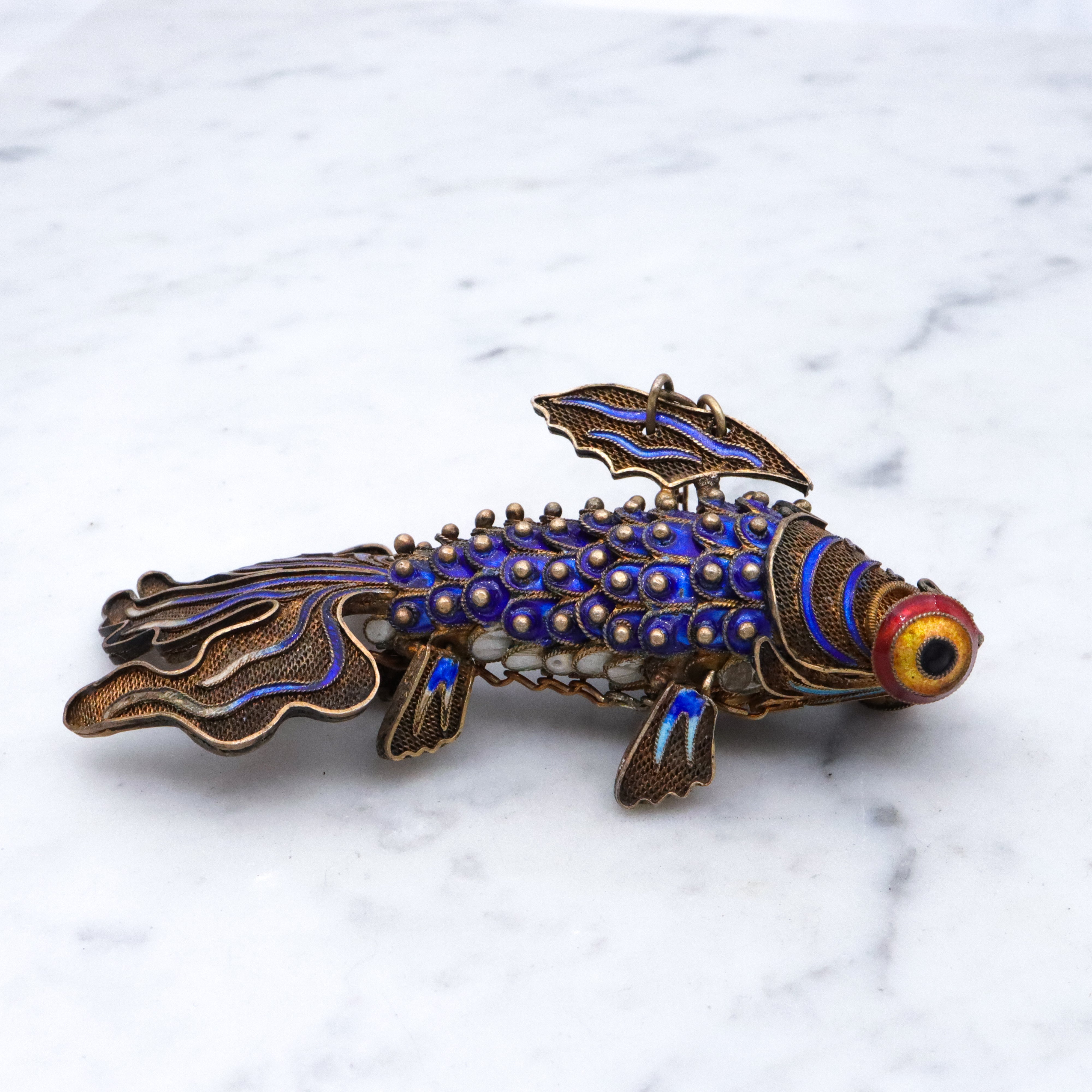 Massive antique Chinese gilt silver & enamel articulated fish pendant