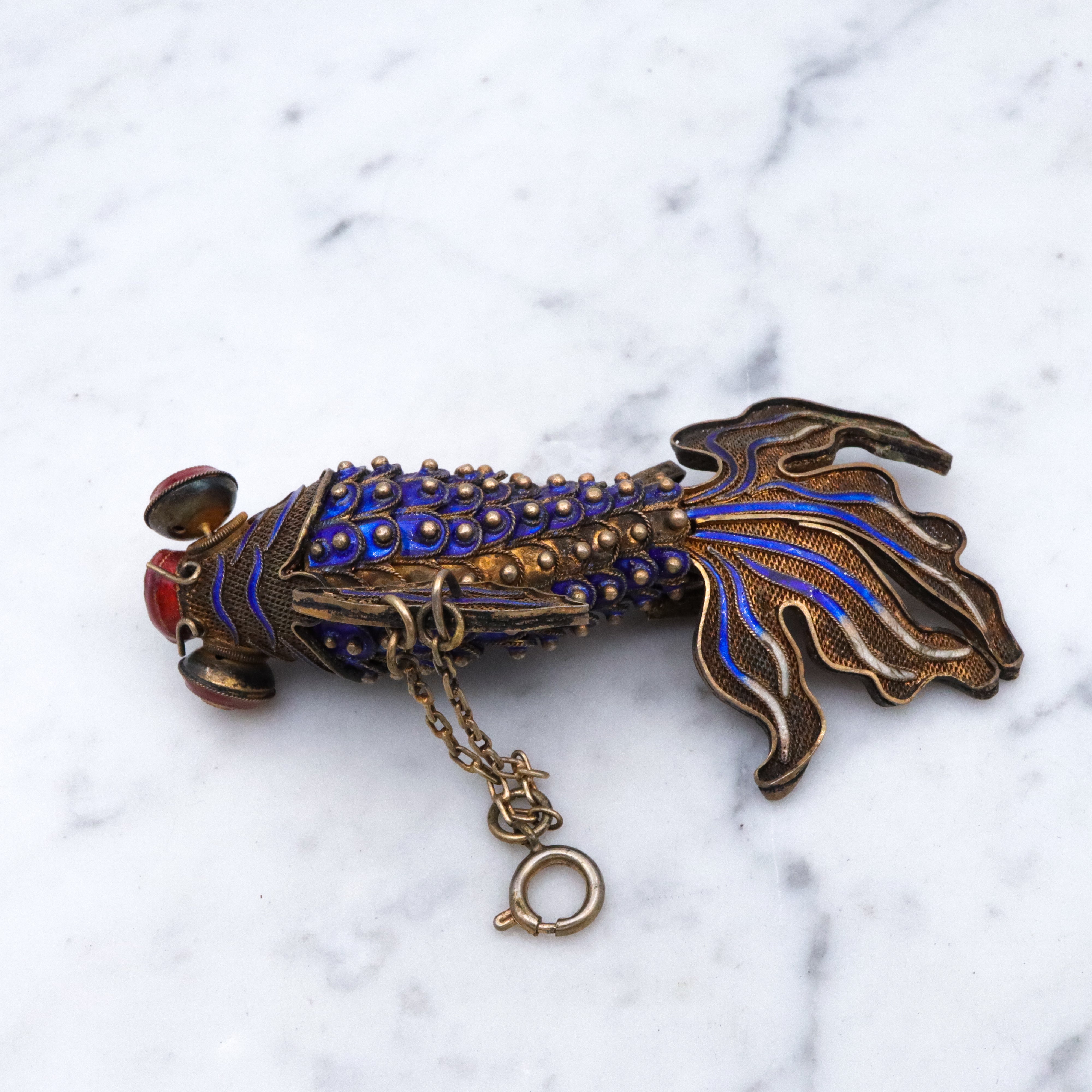 Massive antique Chinese gilt silver & enamel articulated fish pendant