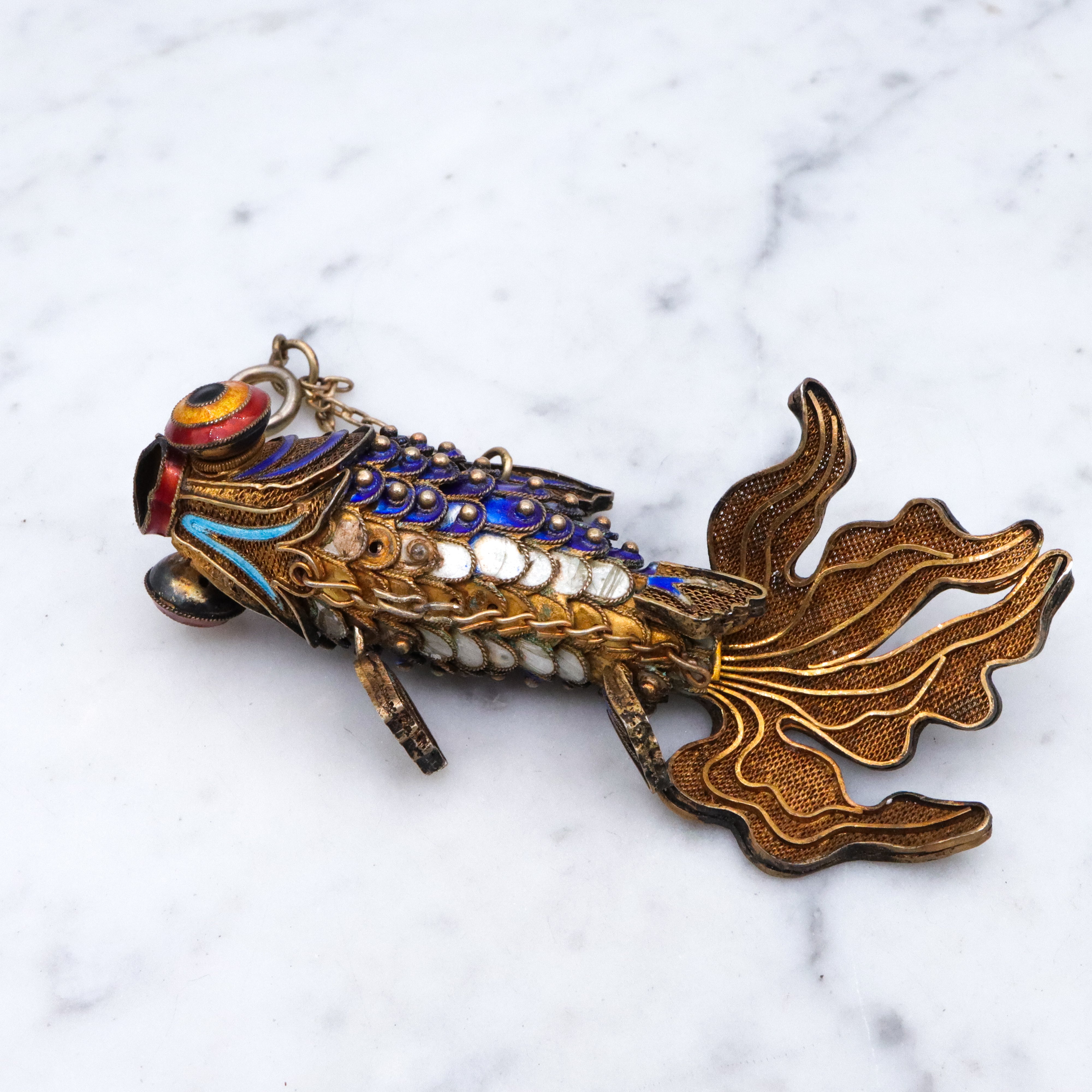 Massive antique Chinese gilt silver & enamel articulated fish pendant