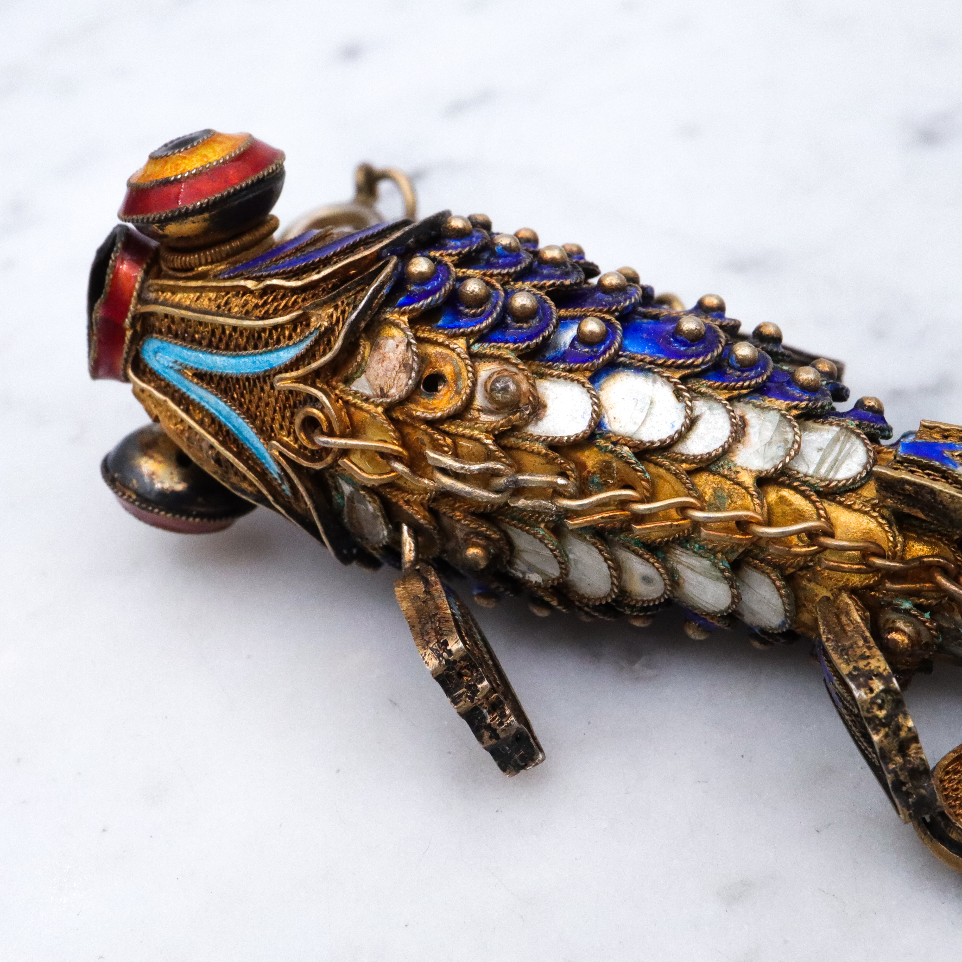 Massive antique Chinese gilt silver & enamel articulated fish pendant