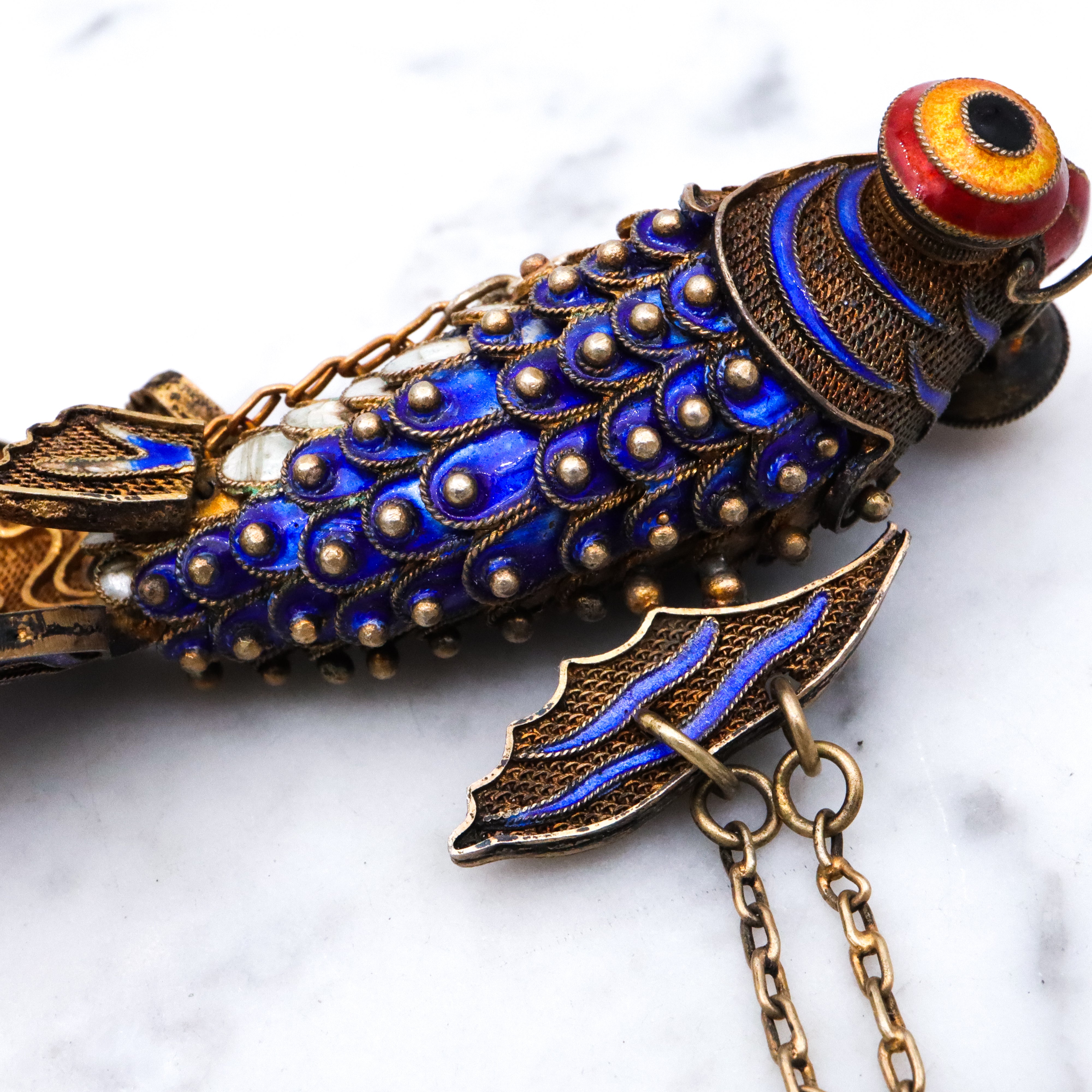 Massive antique Chinese gilt silver & enamel articulated fish pendant