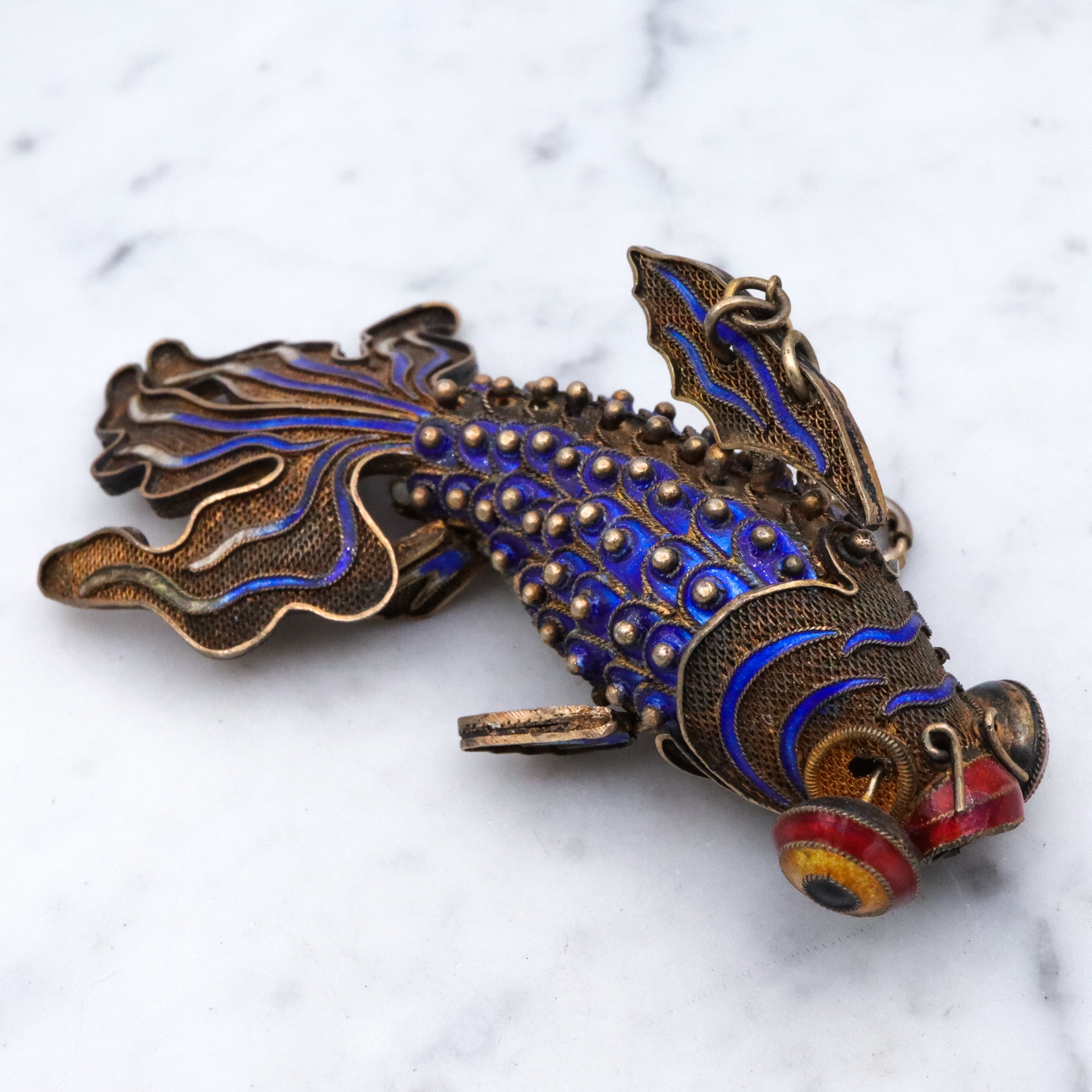 Massive antique Chinese gilt silver & enamel articulated fish pendant