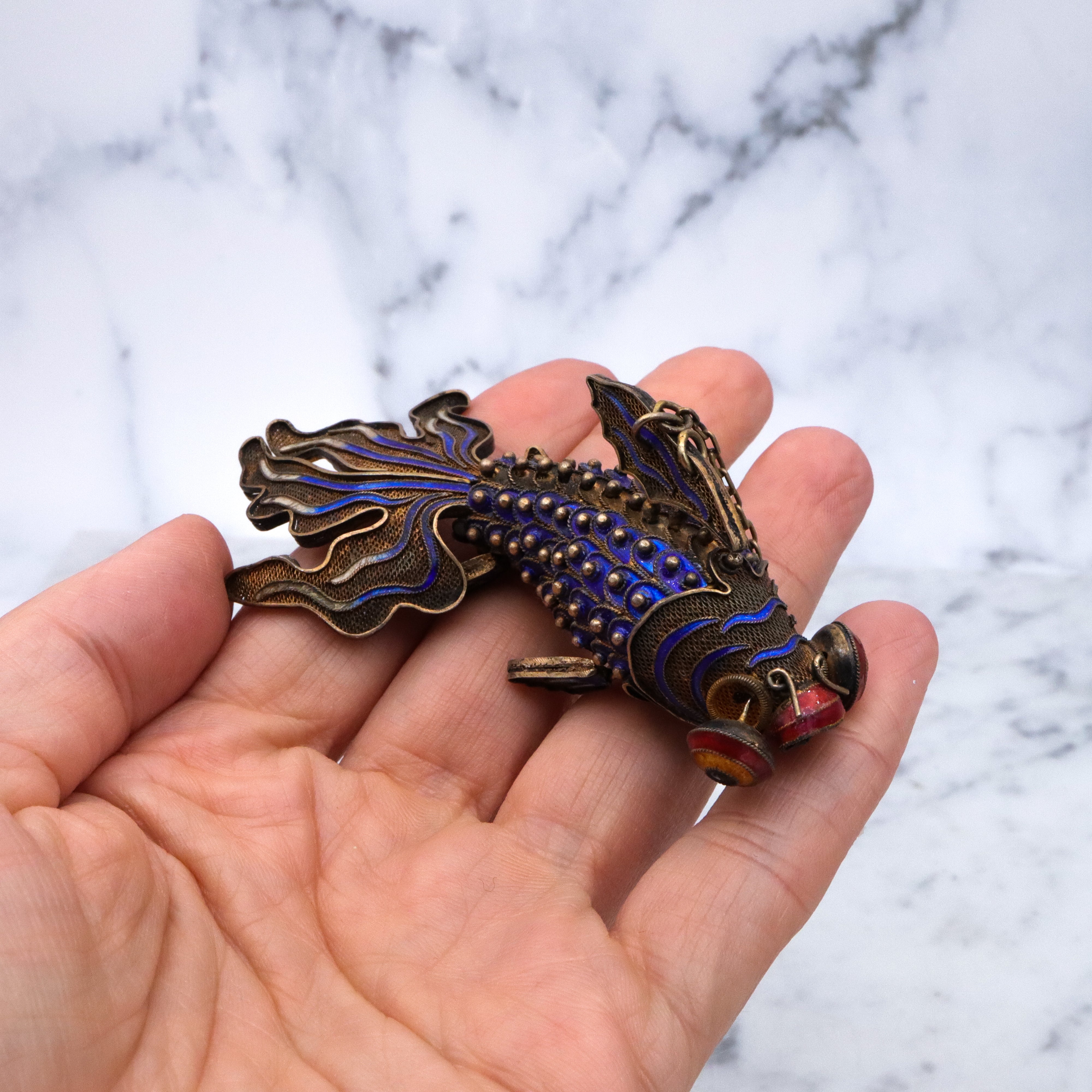 Massive antique Chinese gilt silver & enamel articulated fish pendant
