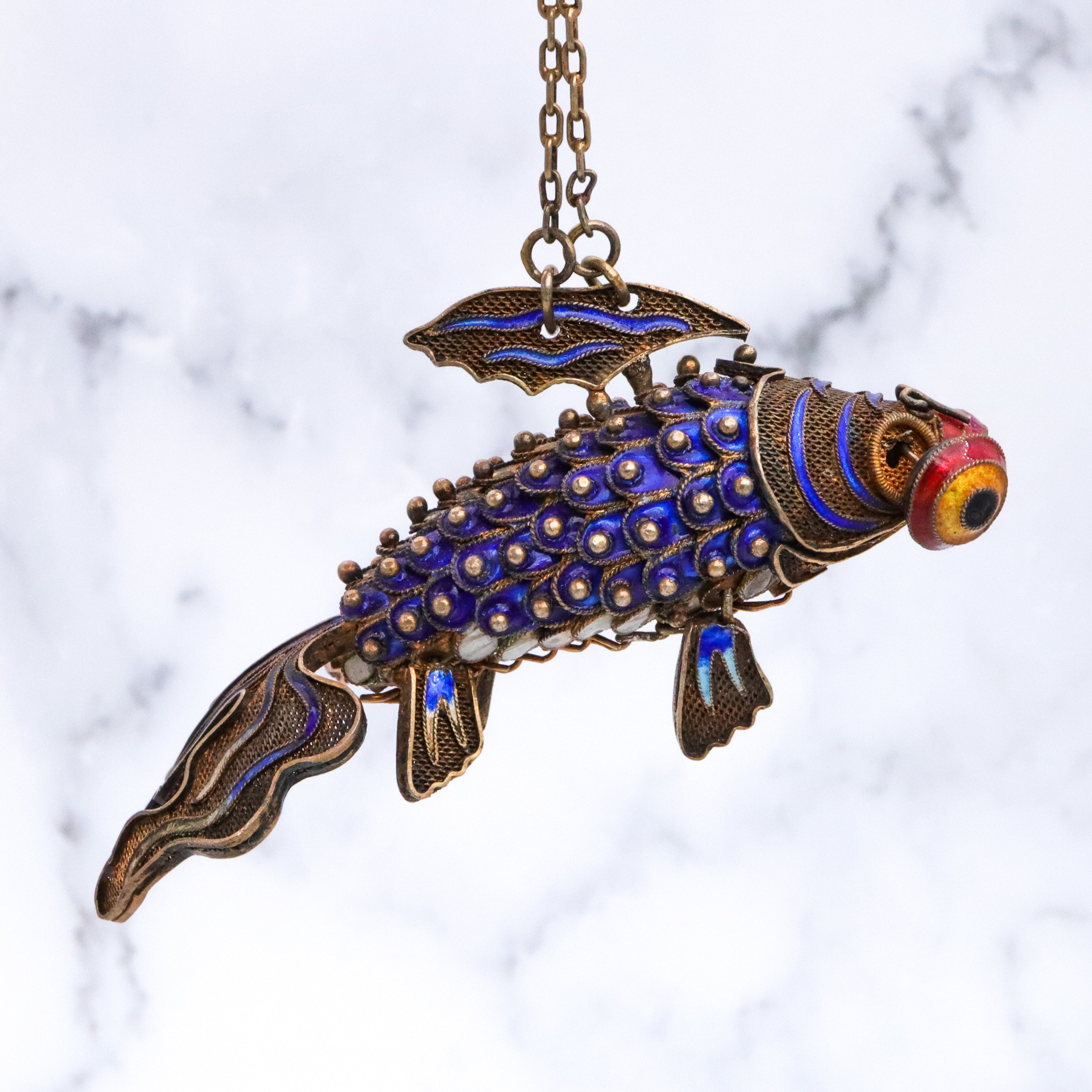 Massive antique Chinese gilt silver & enamel articulated fish pendant