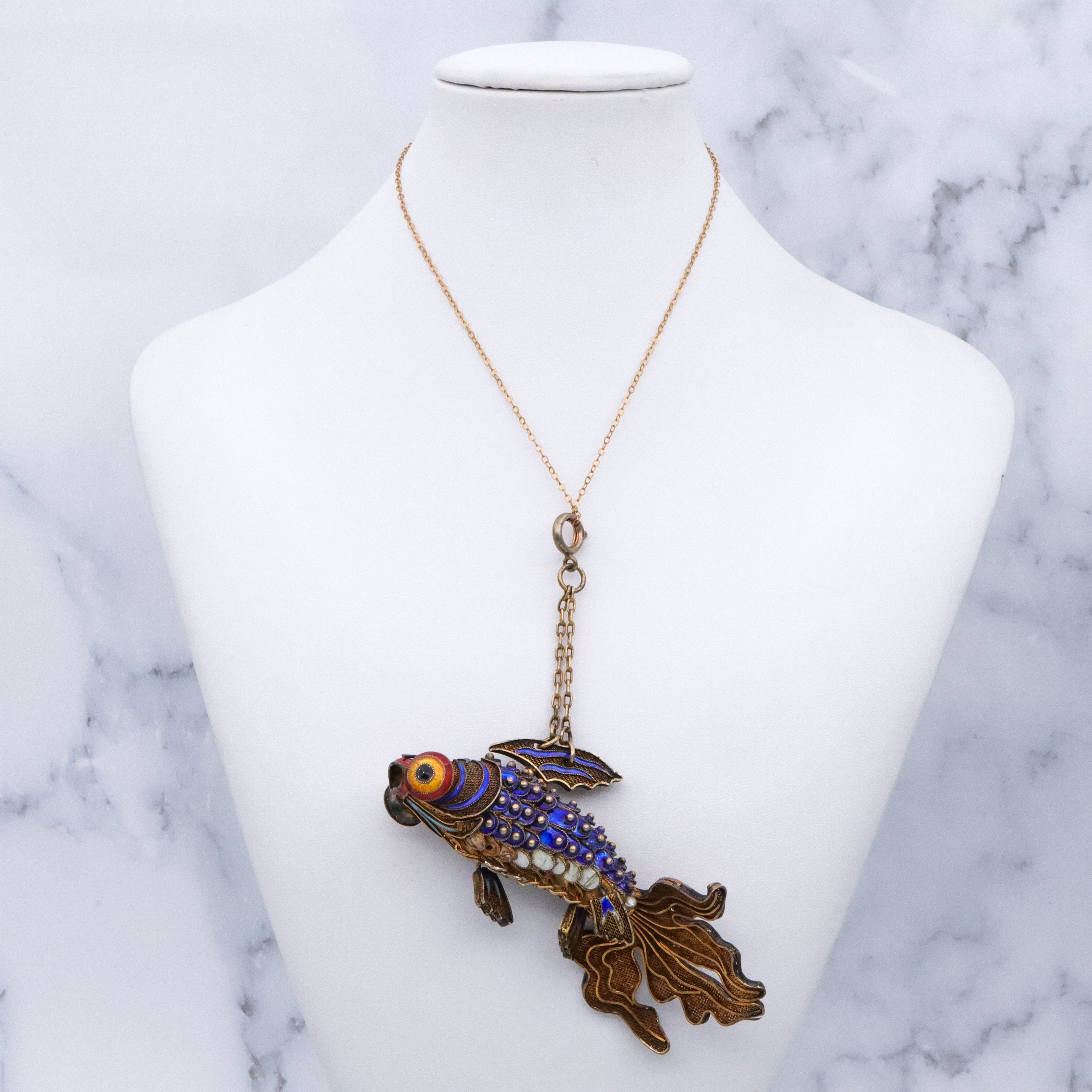Massive antique Chinese gilt silver & enamel articulated fish pendant