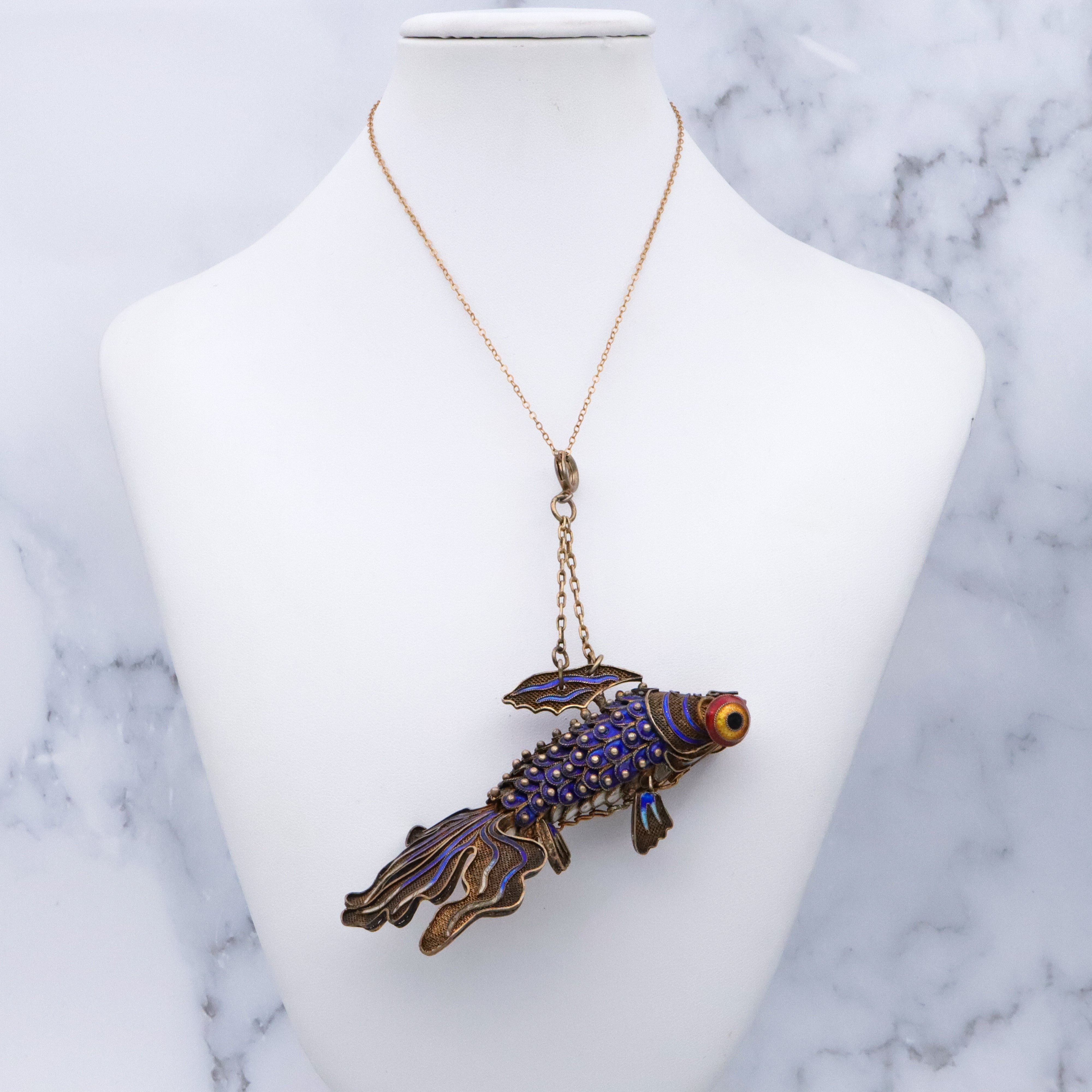 Massive antique Chinese gilt silver & enamel articulated fish pendant