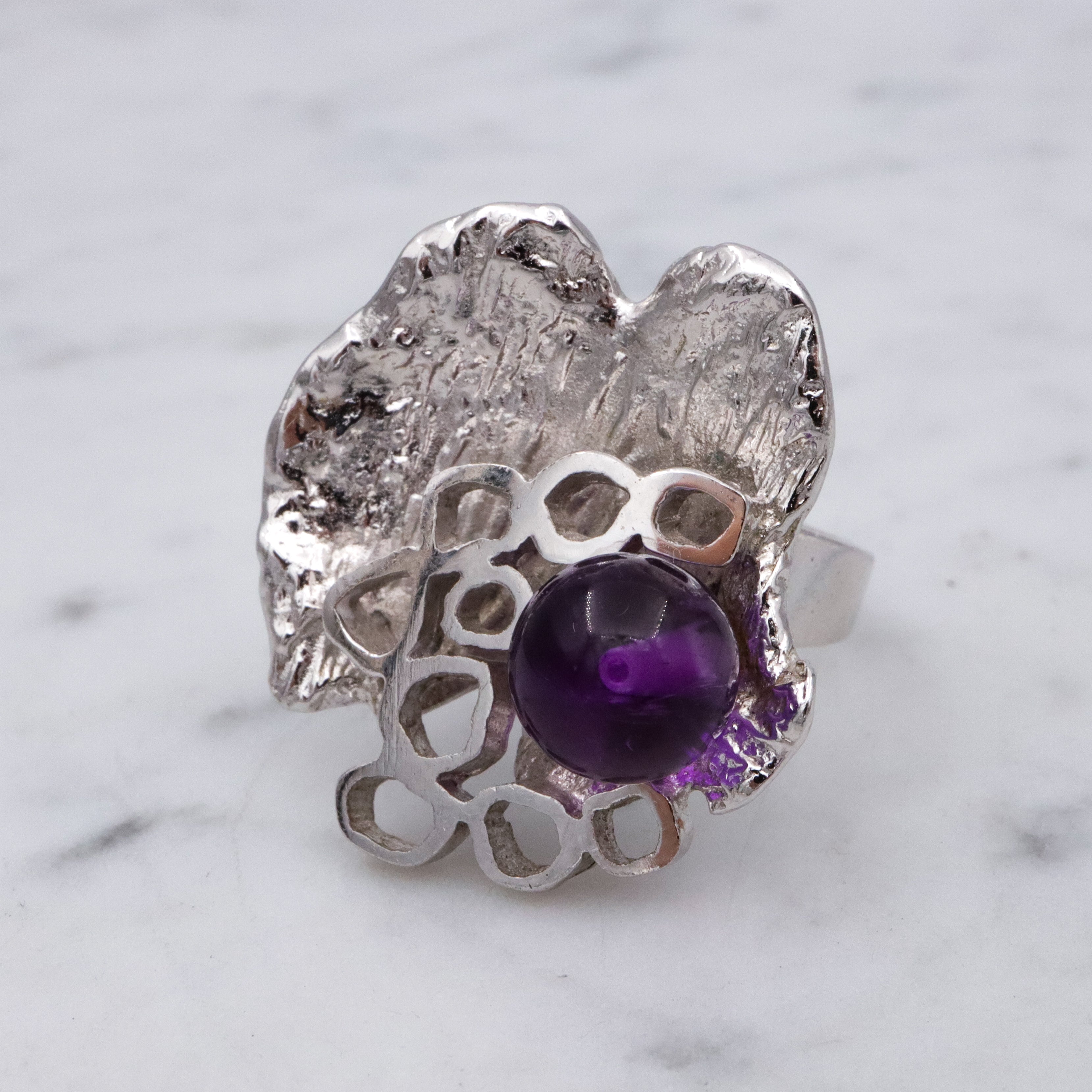 Dutch Mid Century Modernist 835 silver & amethyst bead Brutalist ring, sz 9 adj.