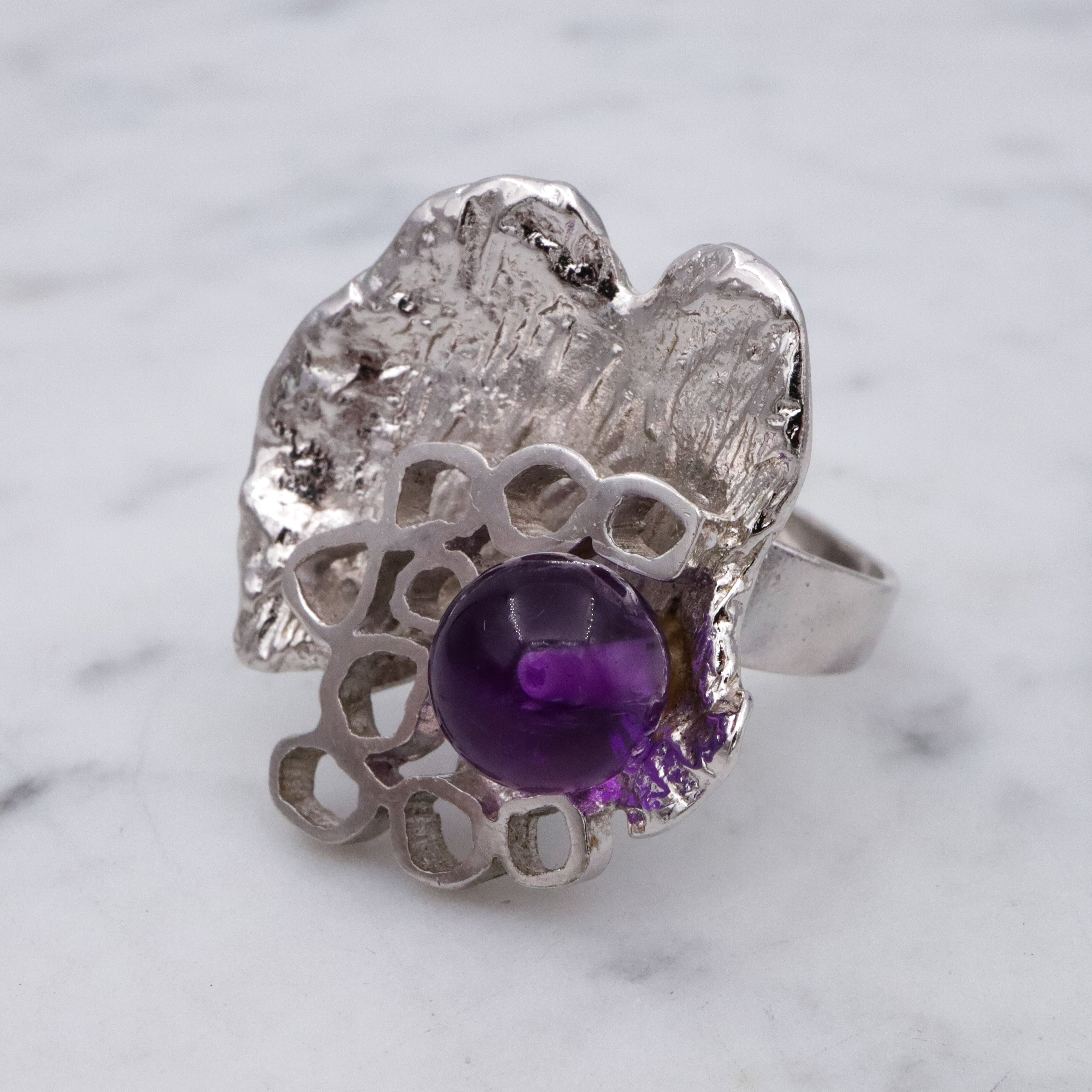 Dutch Mid Century Modernist 835 silver & amethyst bead Brutalist ring, sz 9 adj.