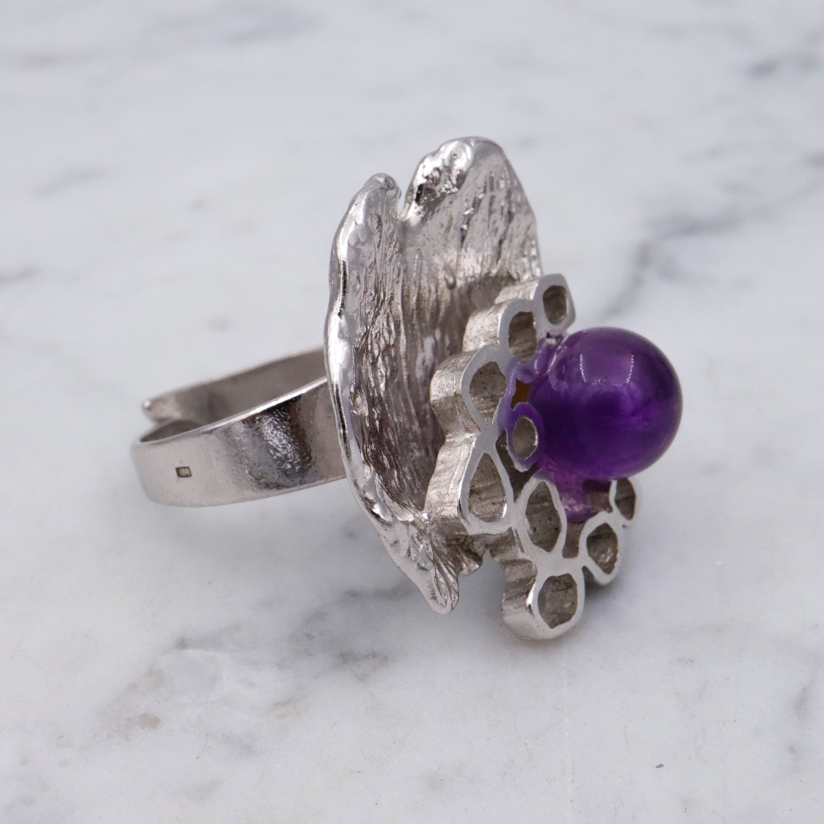 Dutch Mid Century Modernist 835 silver & amethyst bead Brutalist ring, sz 9 adj.