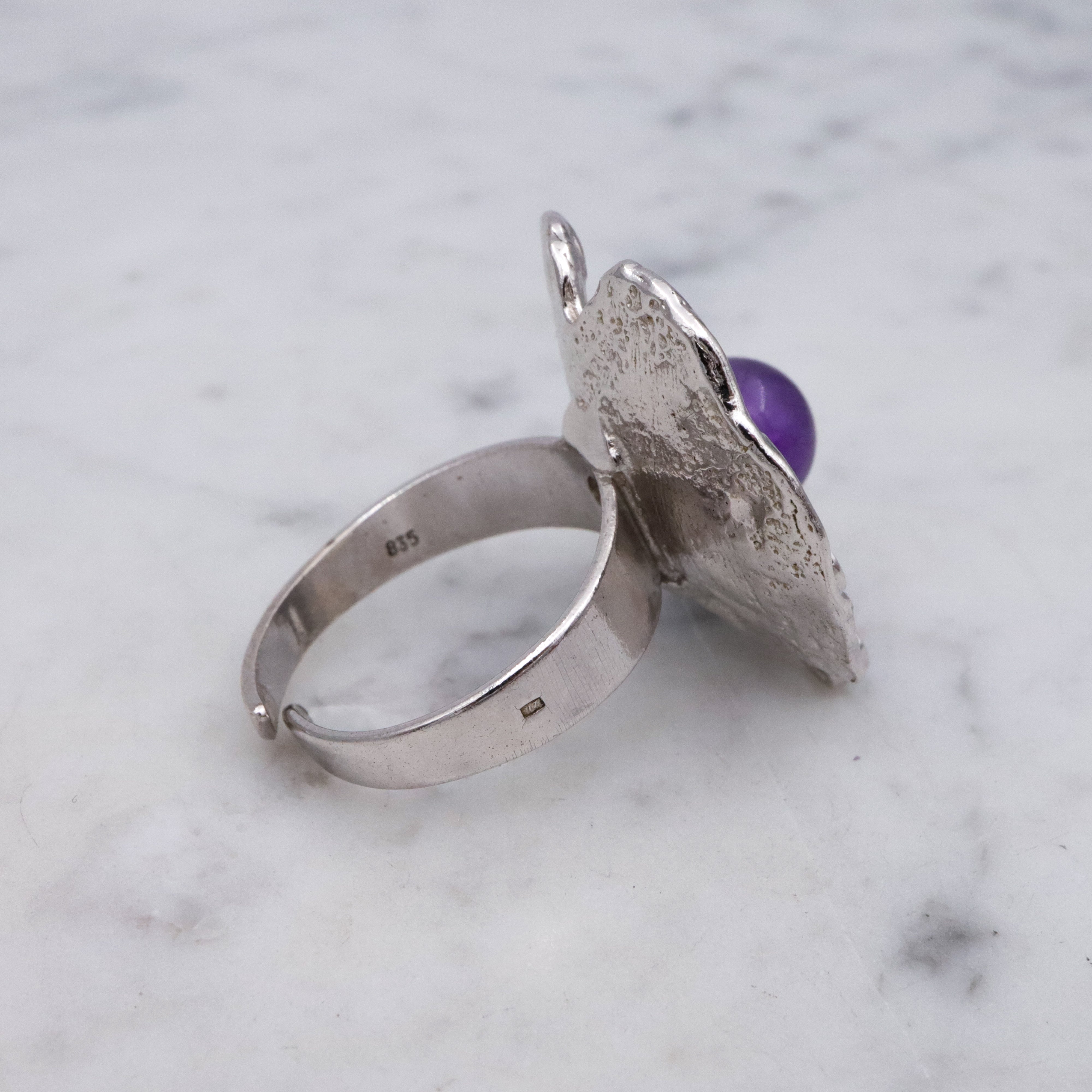 Dutch Mid Century Modernist 835 silver & amethyst bead Brutalist ring, sz 9 adj.