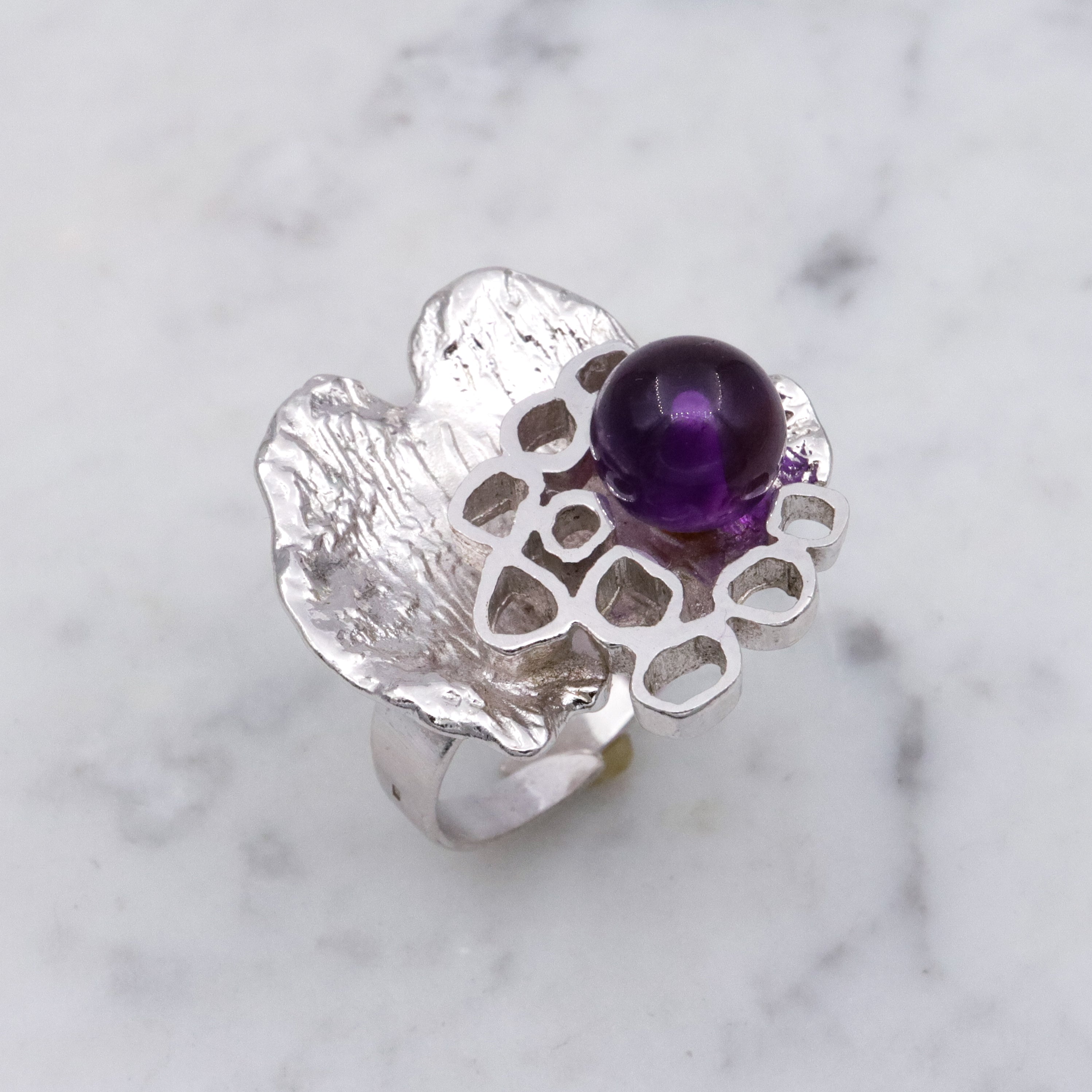 Dutch Mid Century Modernist 835 silver & amethyst bead Brutalist ring, sz 9 adj.