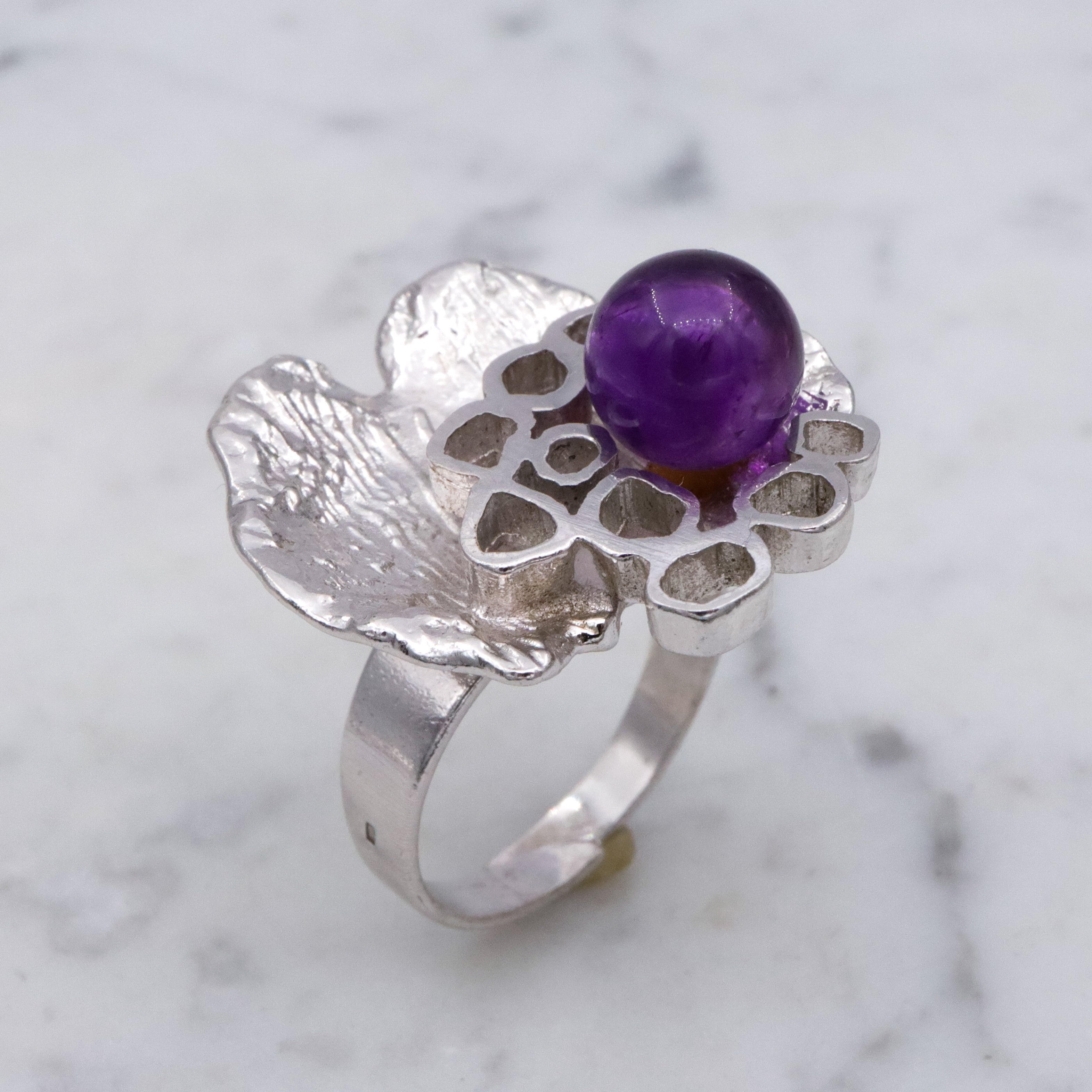 Dutch Mid Century Modernist 835 silver & amethyst bead Brutalist ring, sz 9 adj.