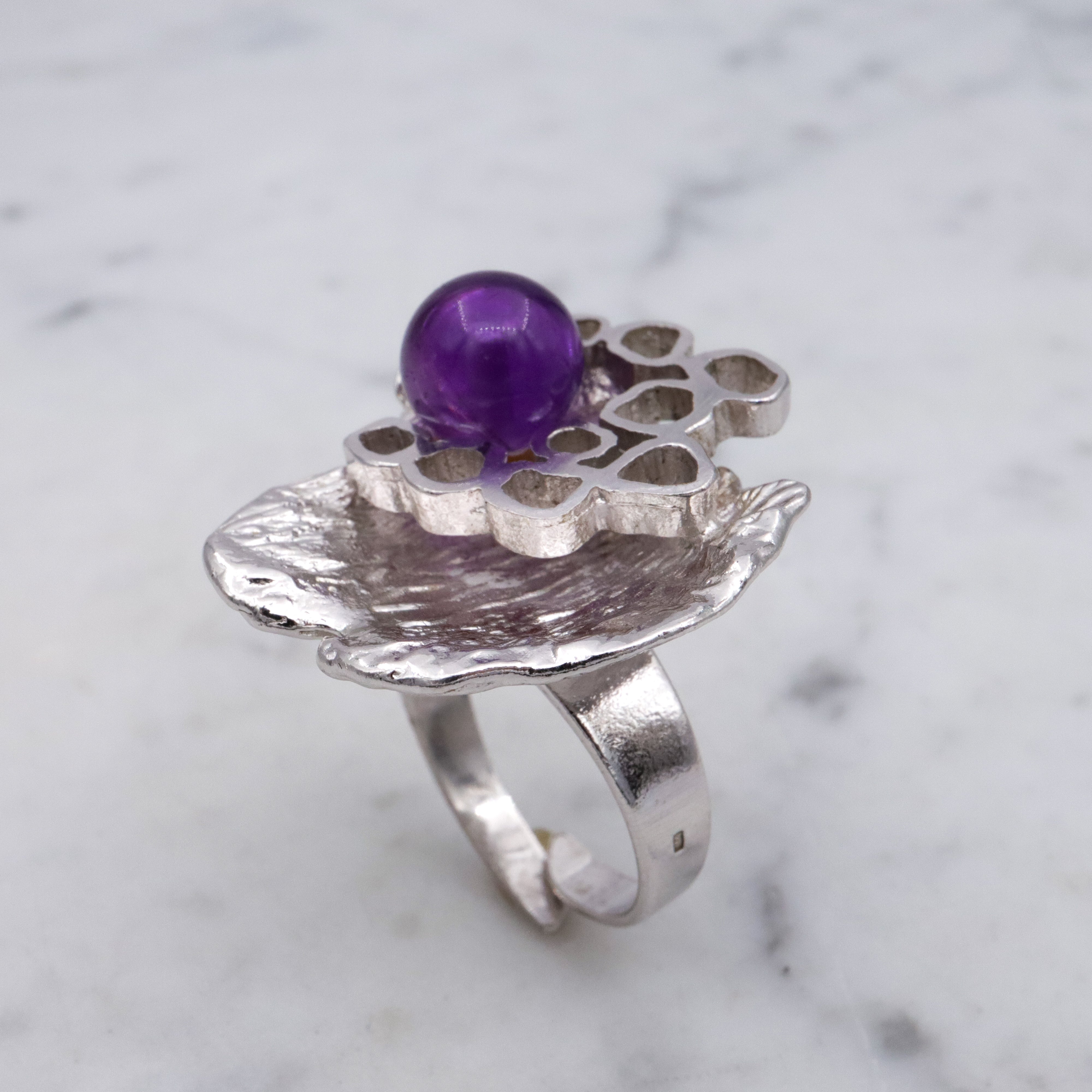 Dutch Mid Century Modernist 835 silver & amethyst bead Brutalist ring, sz 9 adj.