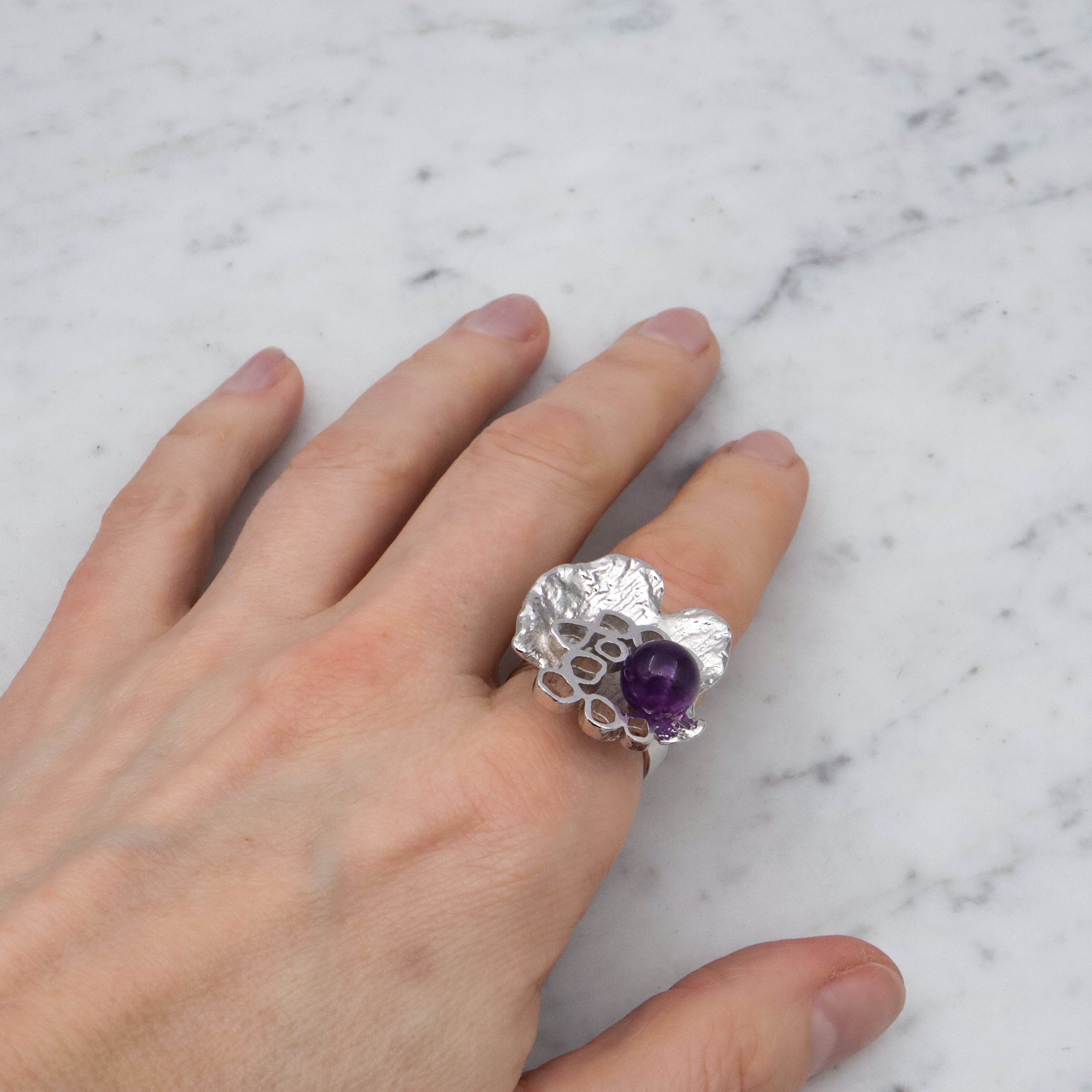 Dutch Mid Century Modernist 835 silver & amethyst bead Brutalist ring, sz 9 adj.