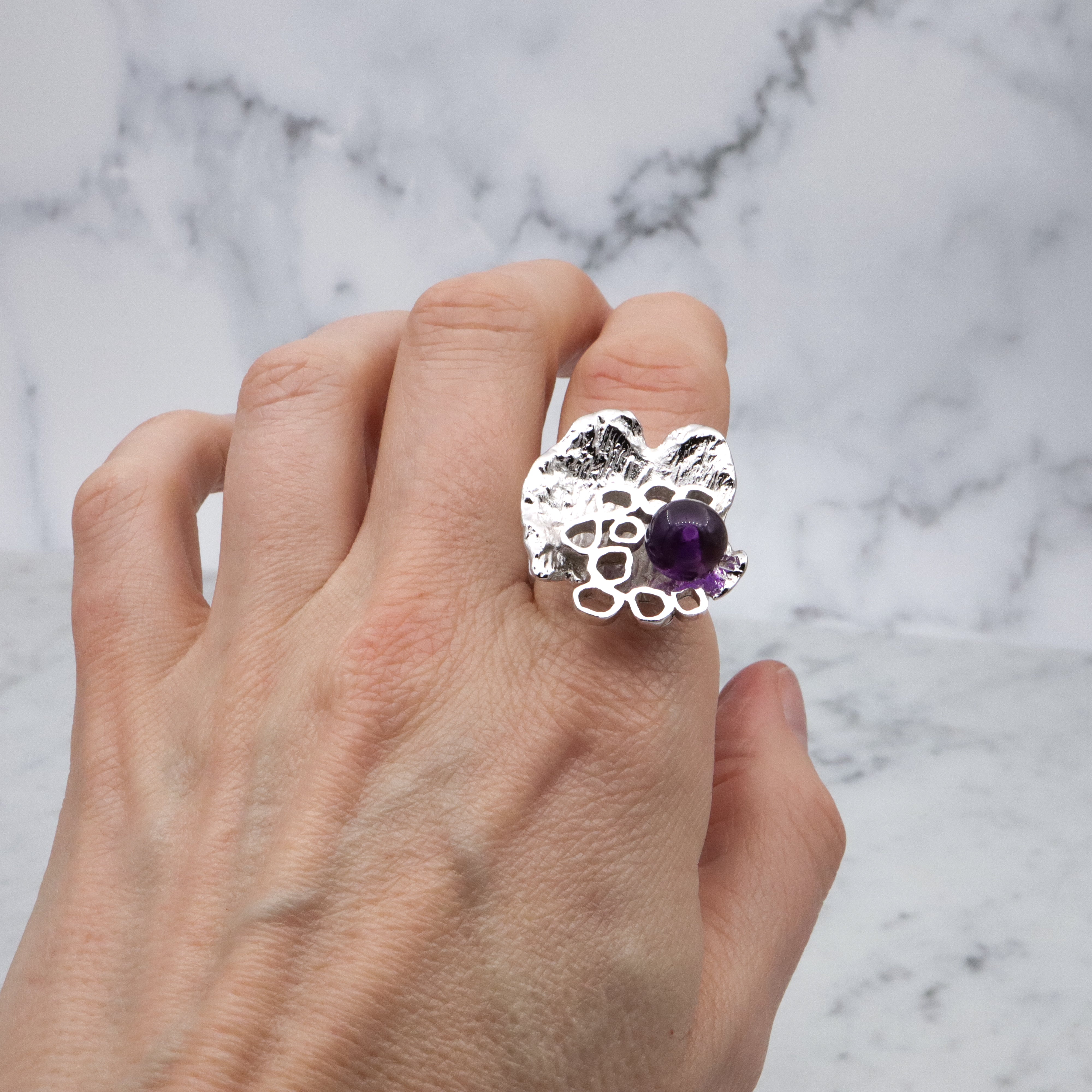 Dutch Mid Century Modernist 835 silver & amethyst bead Brutalist ring, sz 9 adj.