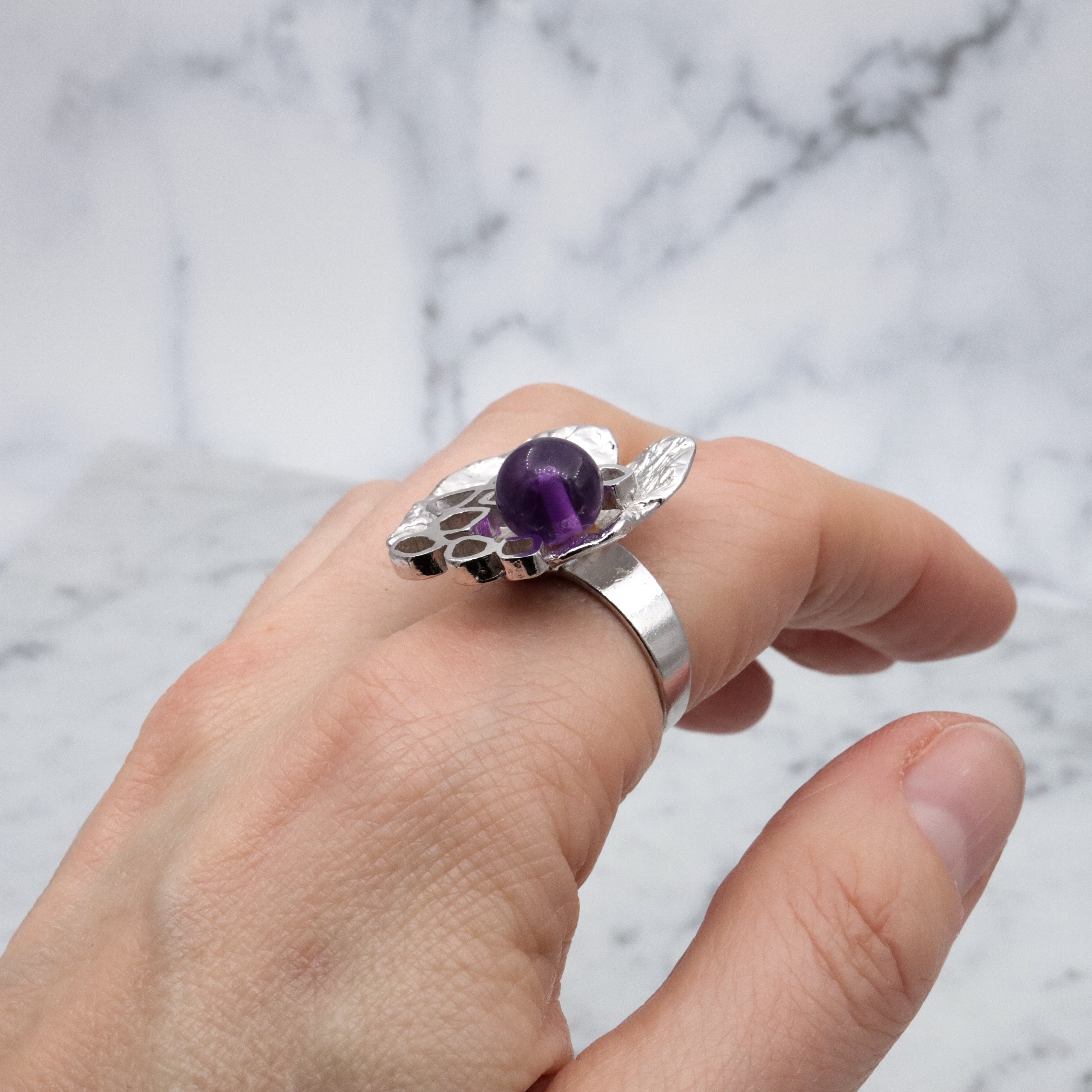 Dutch Mid Century Modernist 835 silver & amethyst bead Brutalist ring, sz 9 adj.