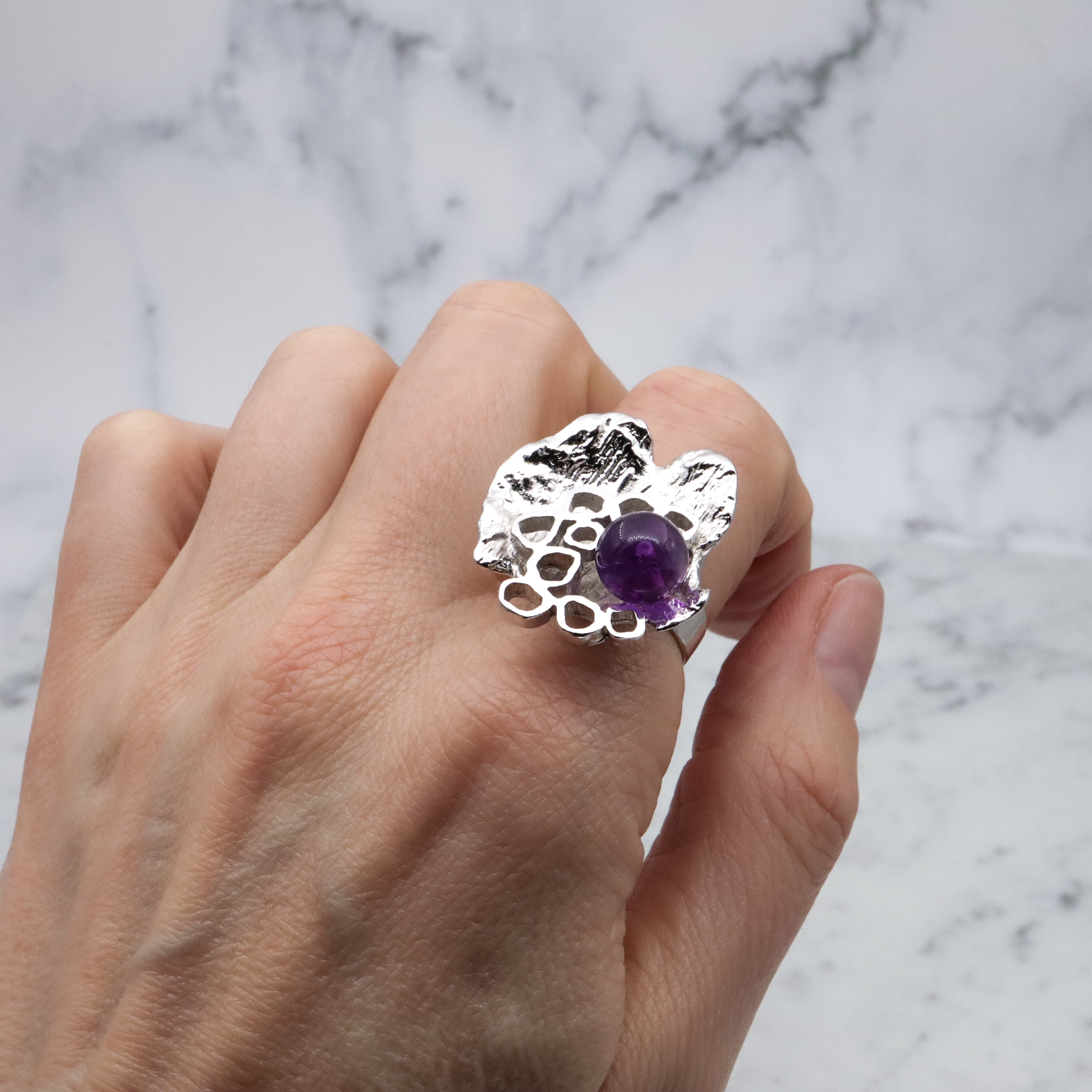 Dutch Mid Century Modernist 835 silver & amethyst bead Brutalist ring, sz 9 adj.