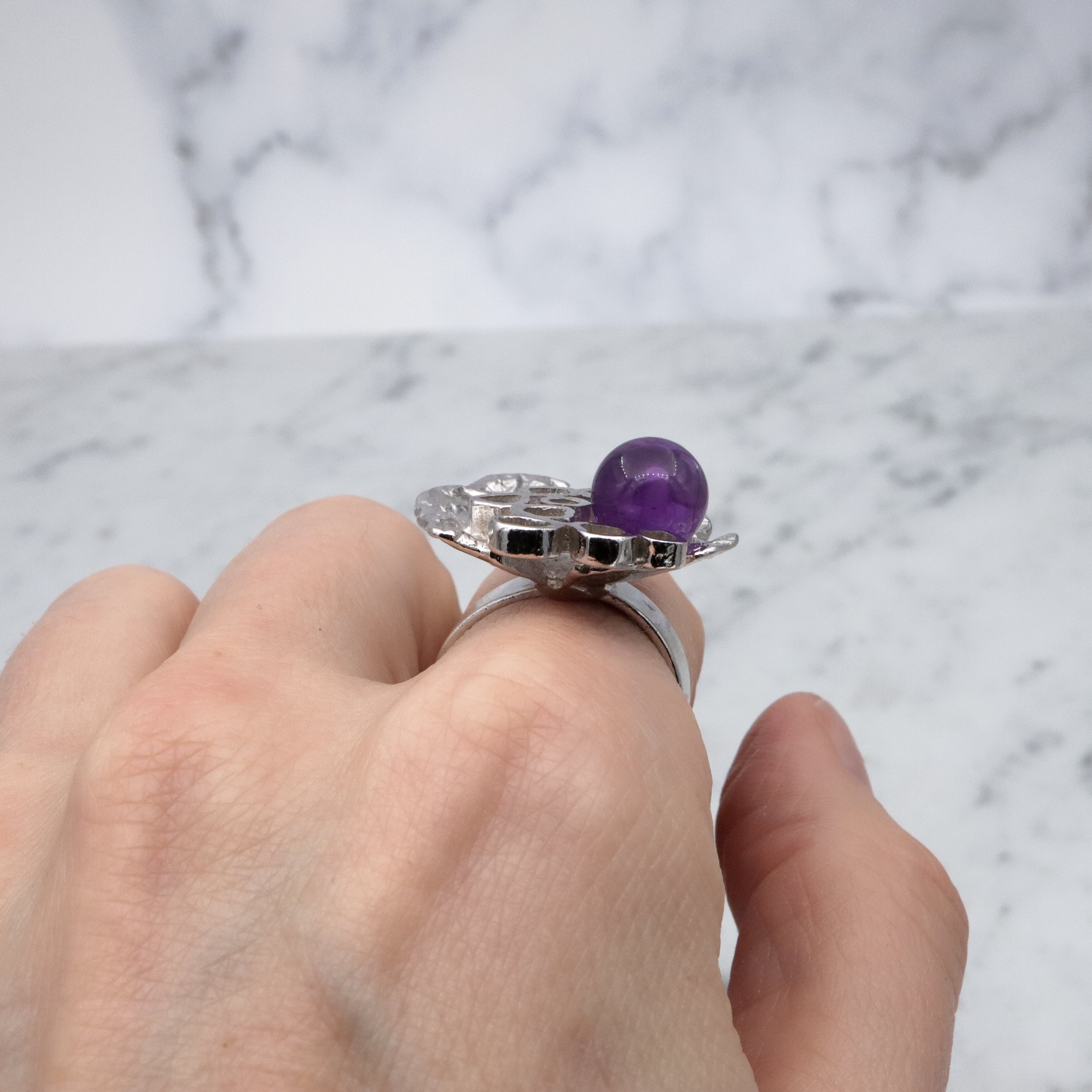 Dutch Mid Century Modernist 835 silver & amethyst bead Brutalist ring, sz 9 adj.