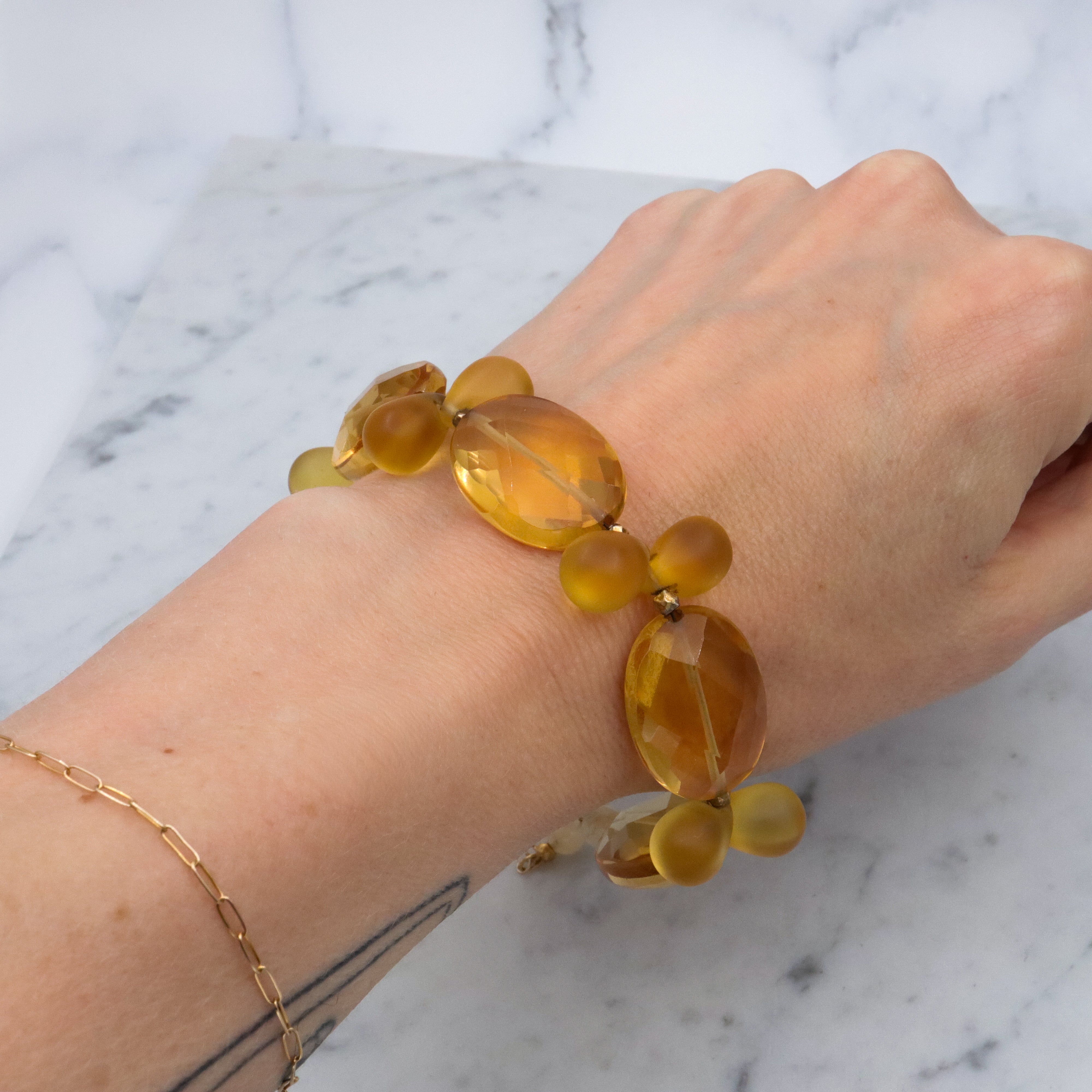 Vintage chunky faceted citrine glass & frosted yellow drop beaded bracelet
