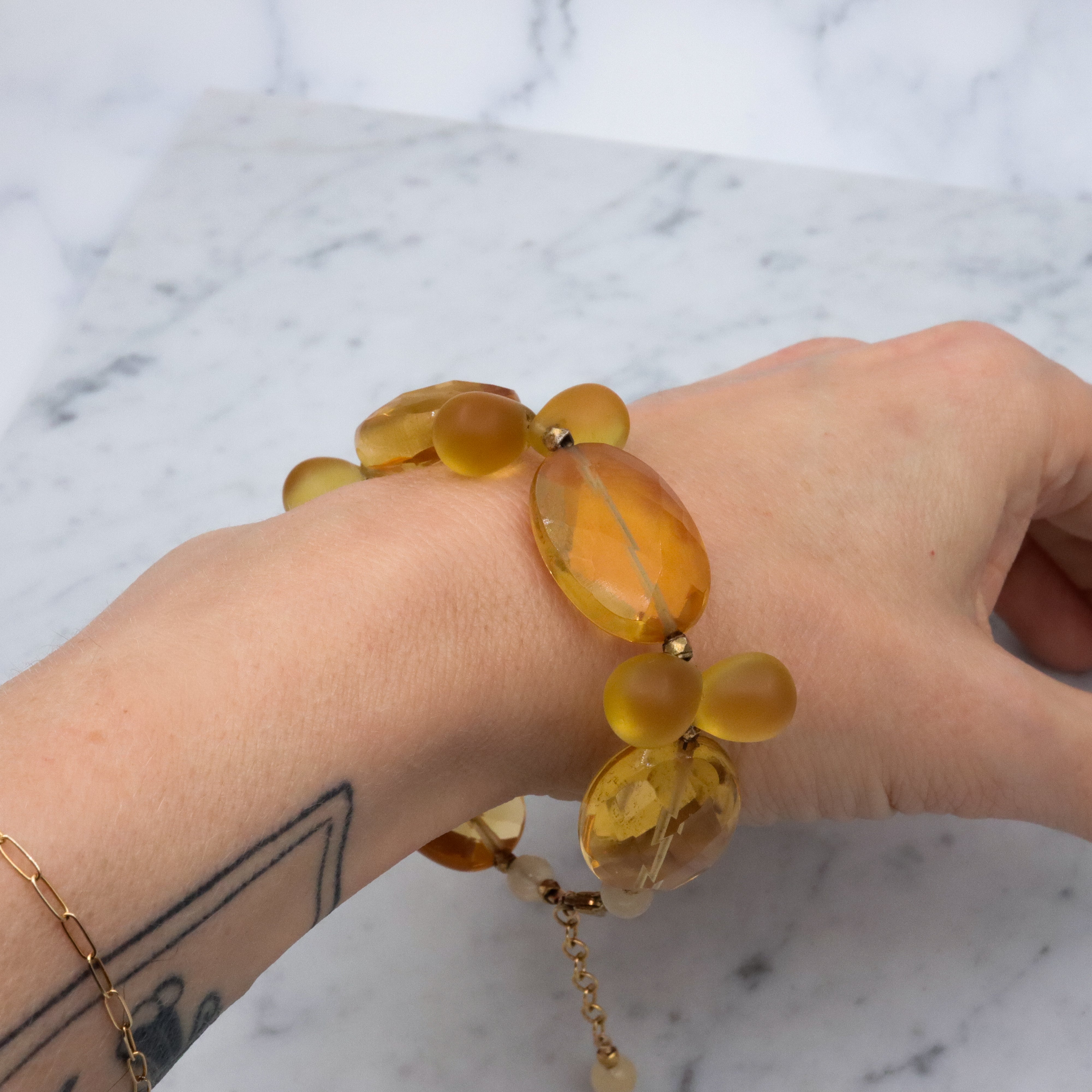 Vintage chunky faceted citrine glass & frosted yellow drop beaded bracelet