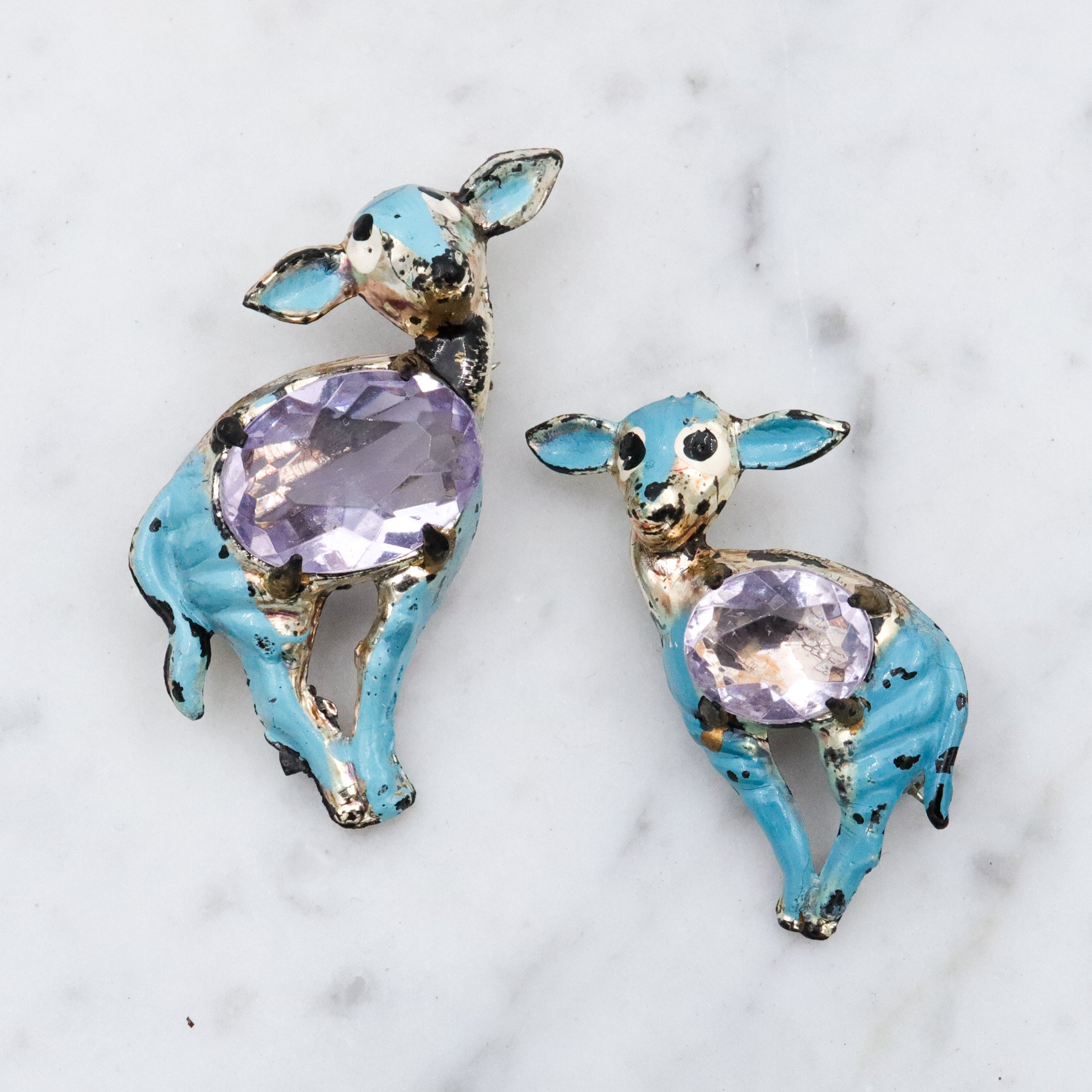 40s turquoise enamel deer pair jelly belly brooches