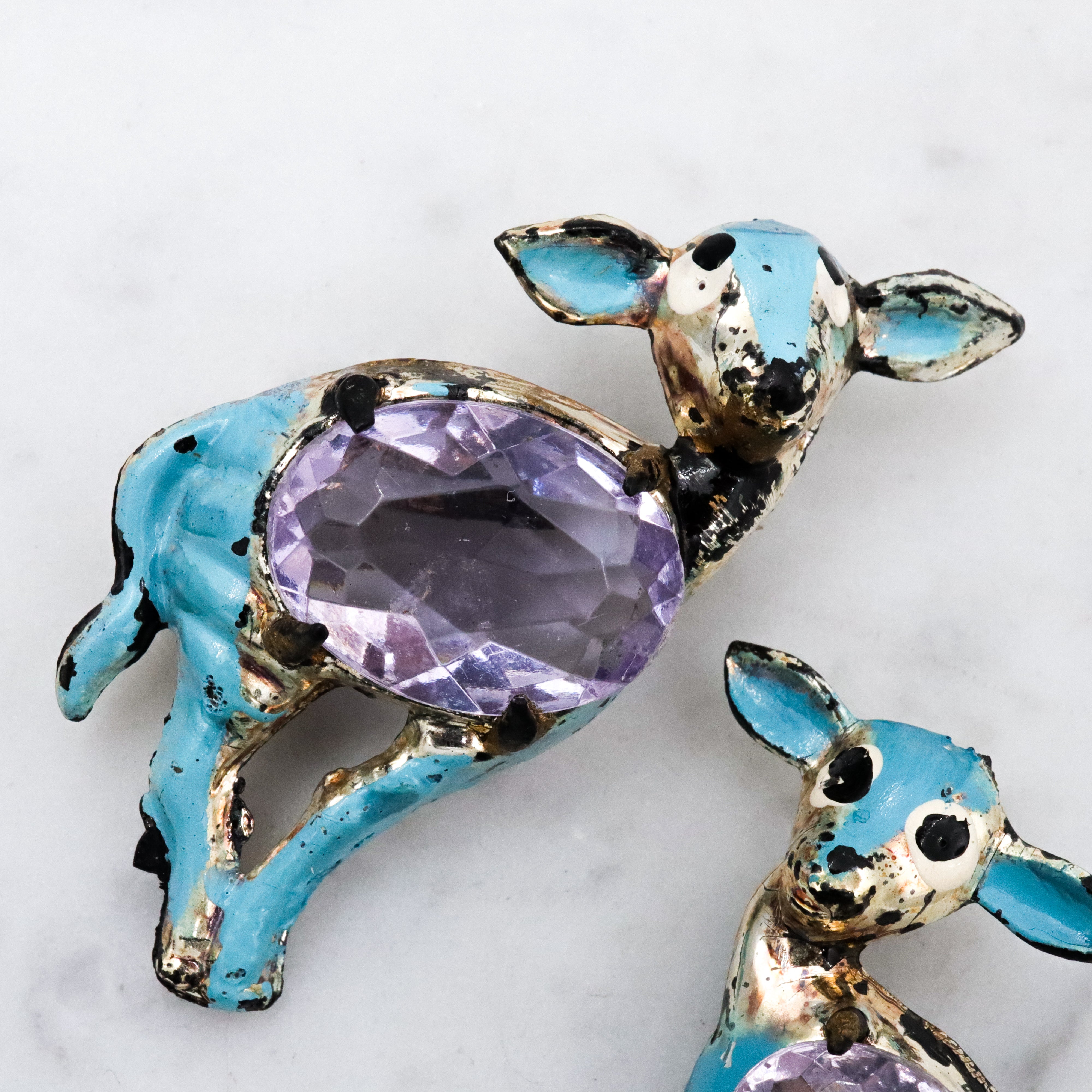 40s turquoise enamel deer pair jelly belly brooches