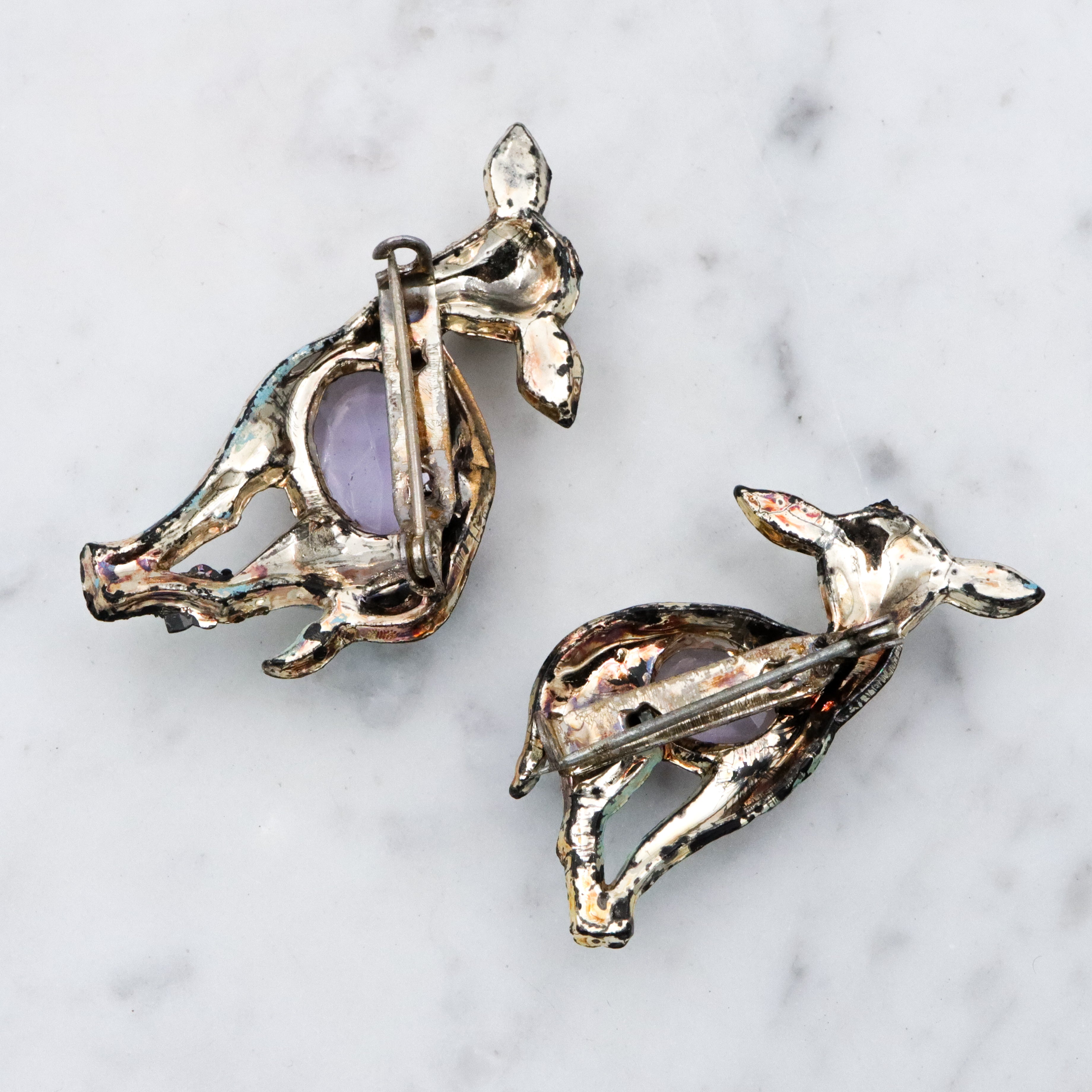 40s turquoise enamel deer pair jelly belly brooches