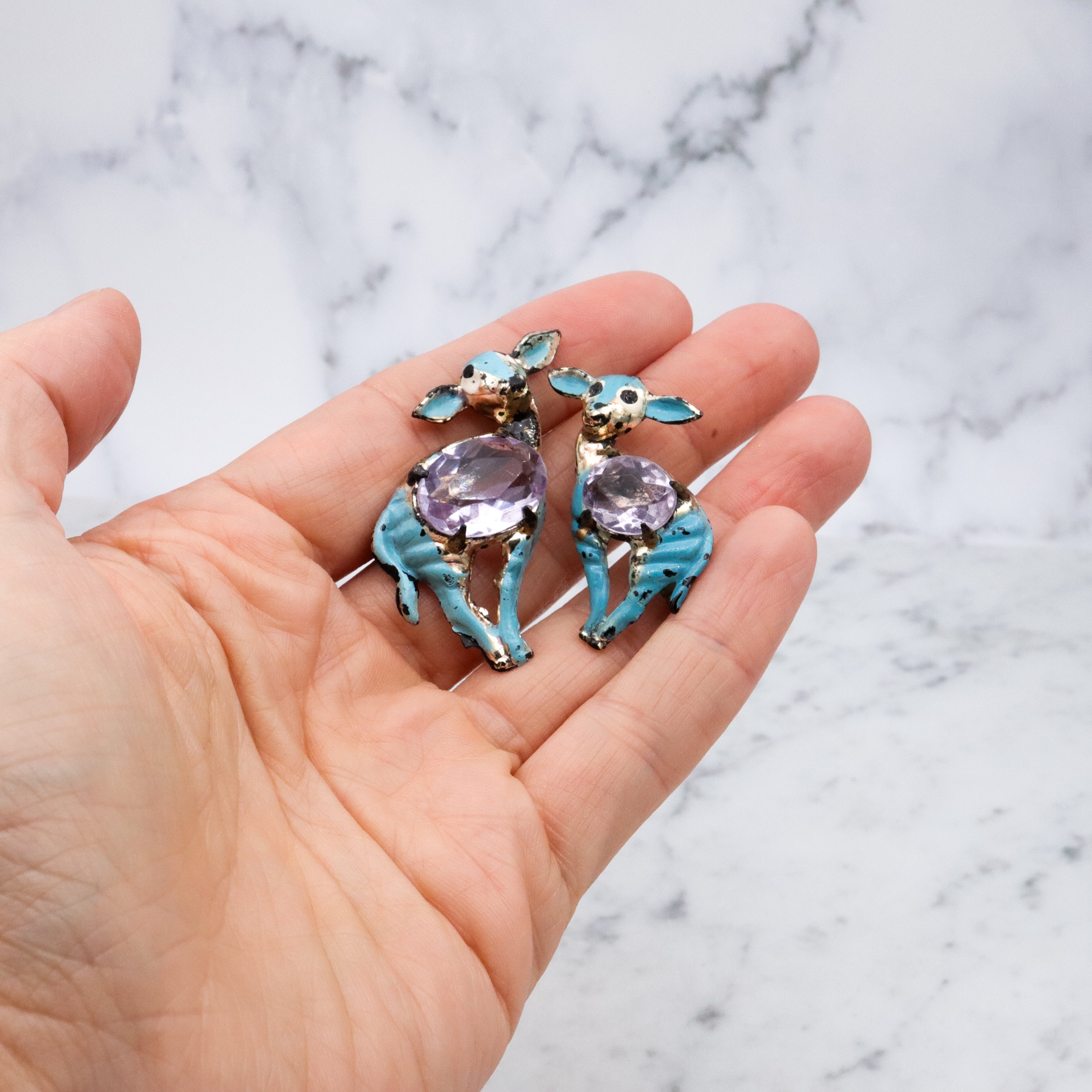 40s turquoise enamel deer pair jelly belly brooches
