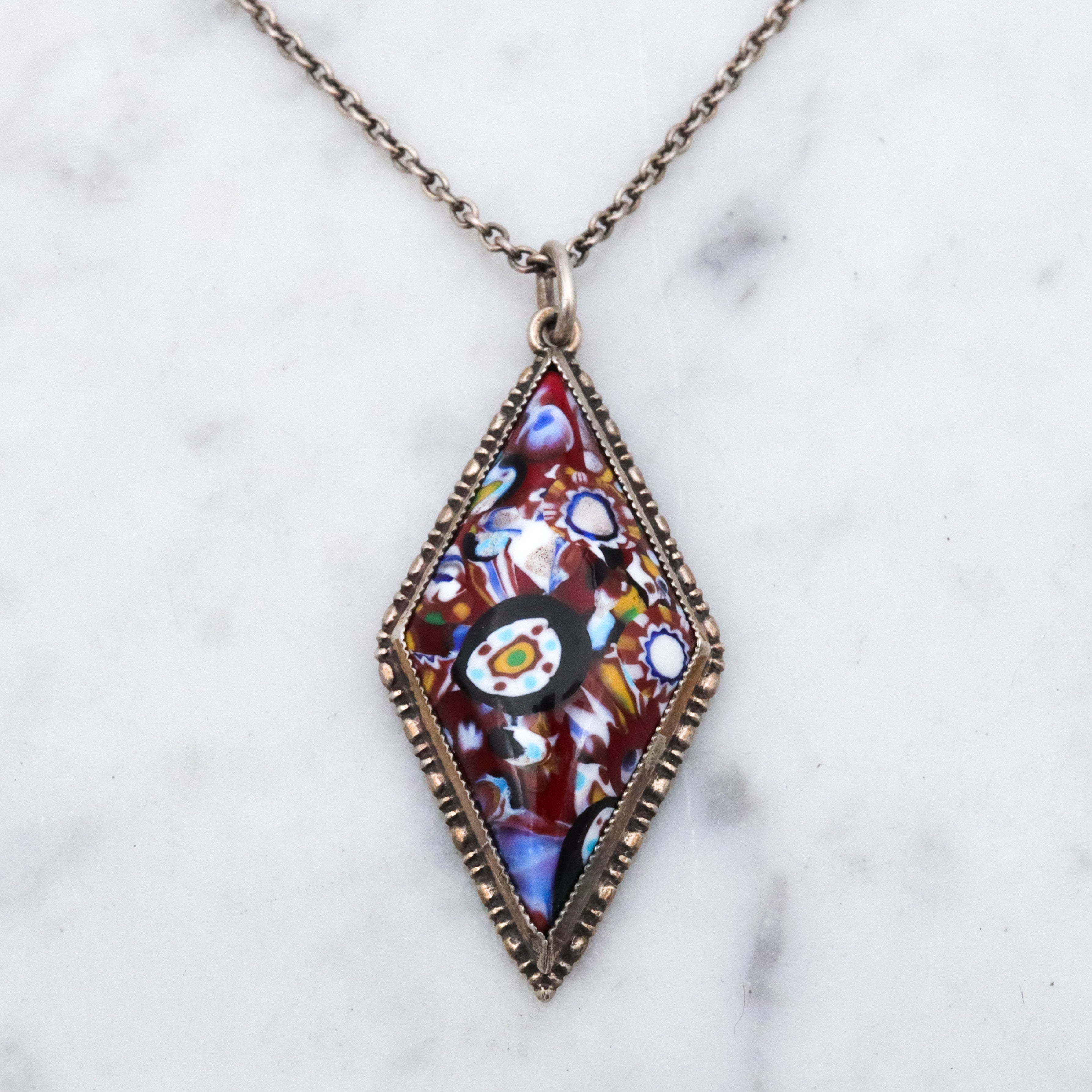 Art Deco English sterling millefiori diamond shaped pendant necklace