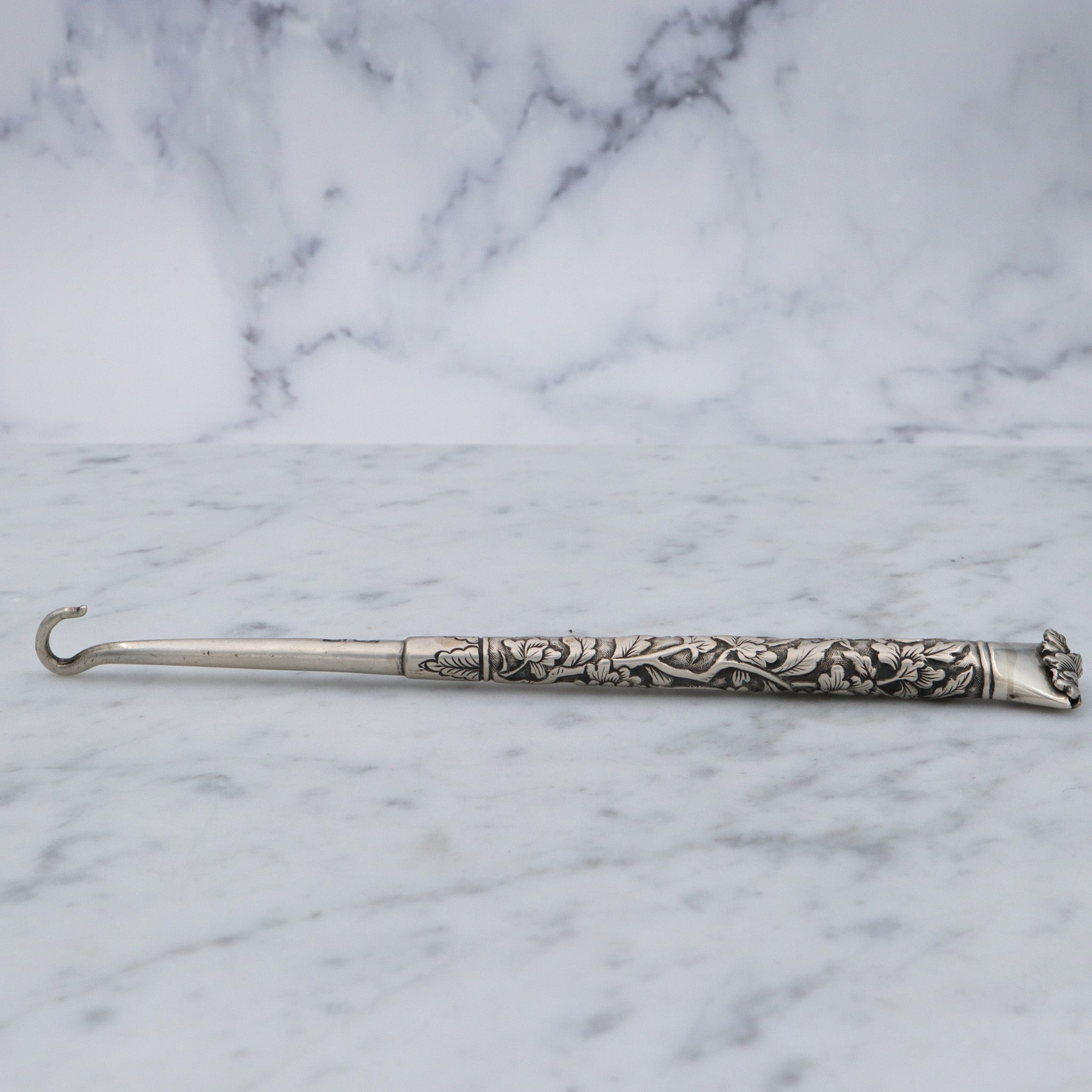 Rare Victorian Chinese export silver Chrysanthemum button hook