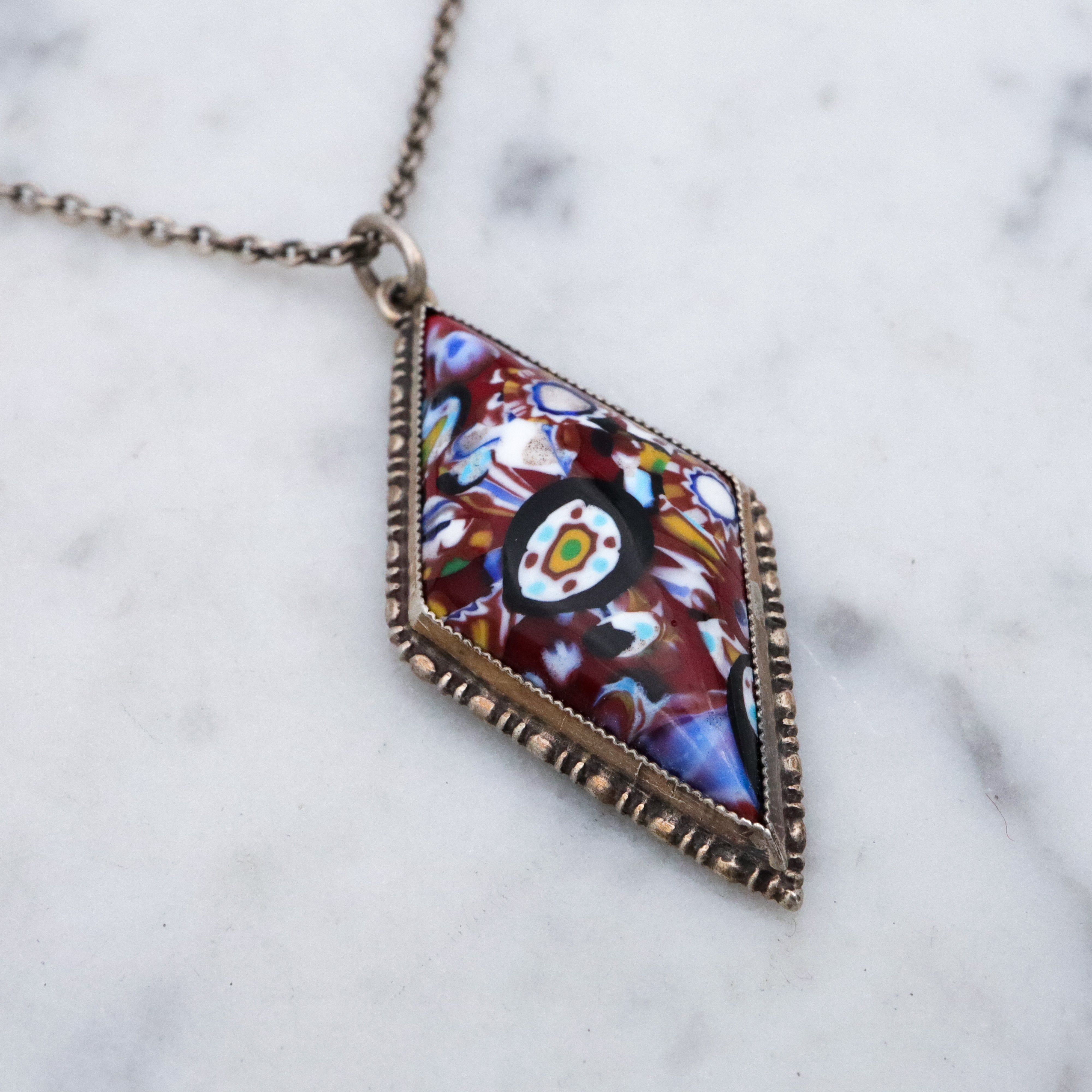 Art Deco English sterling millefiori diamond shaped pendant necklace