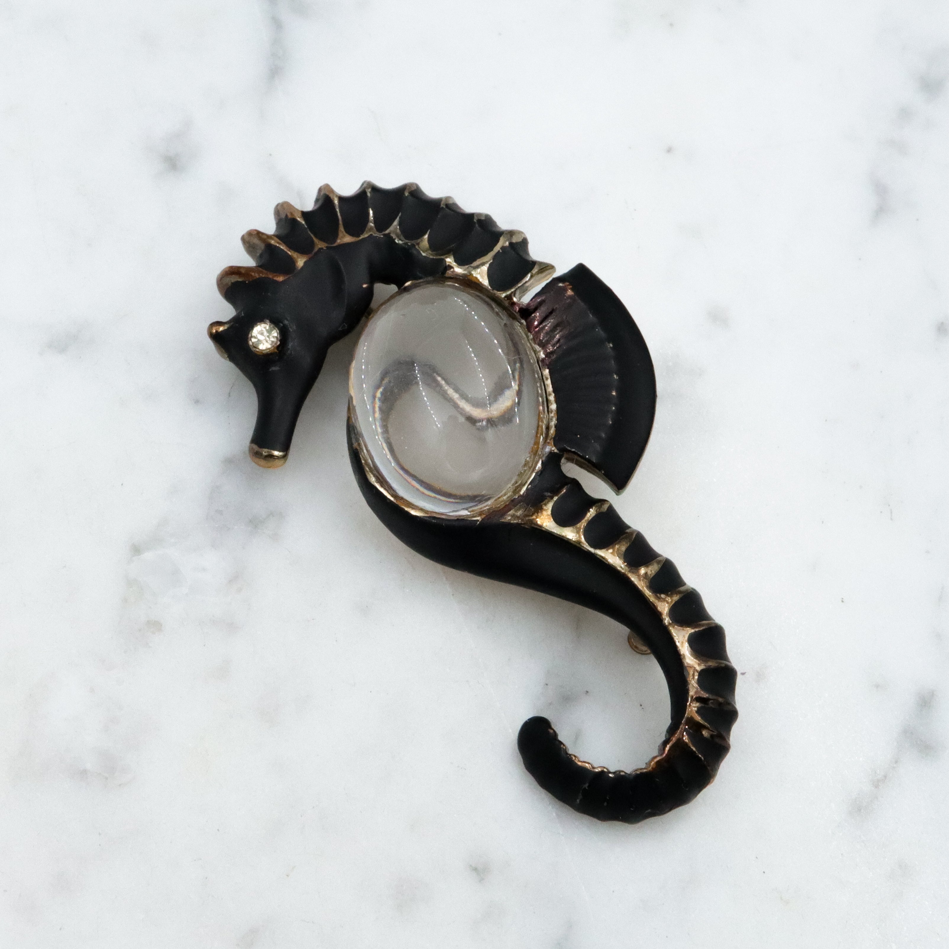40s black painted seahorse jelly belly brooch