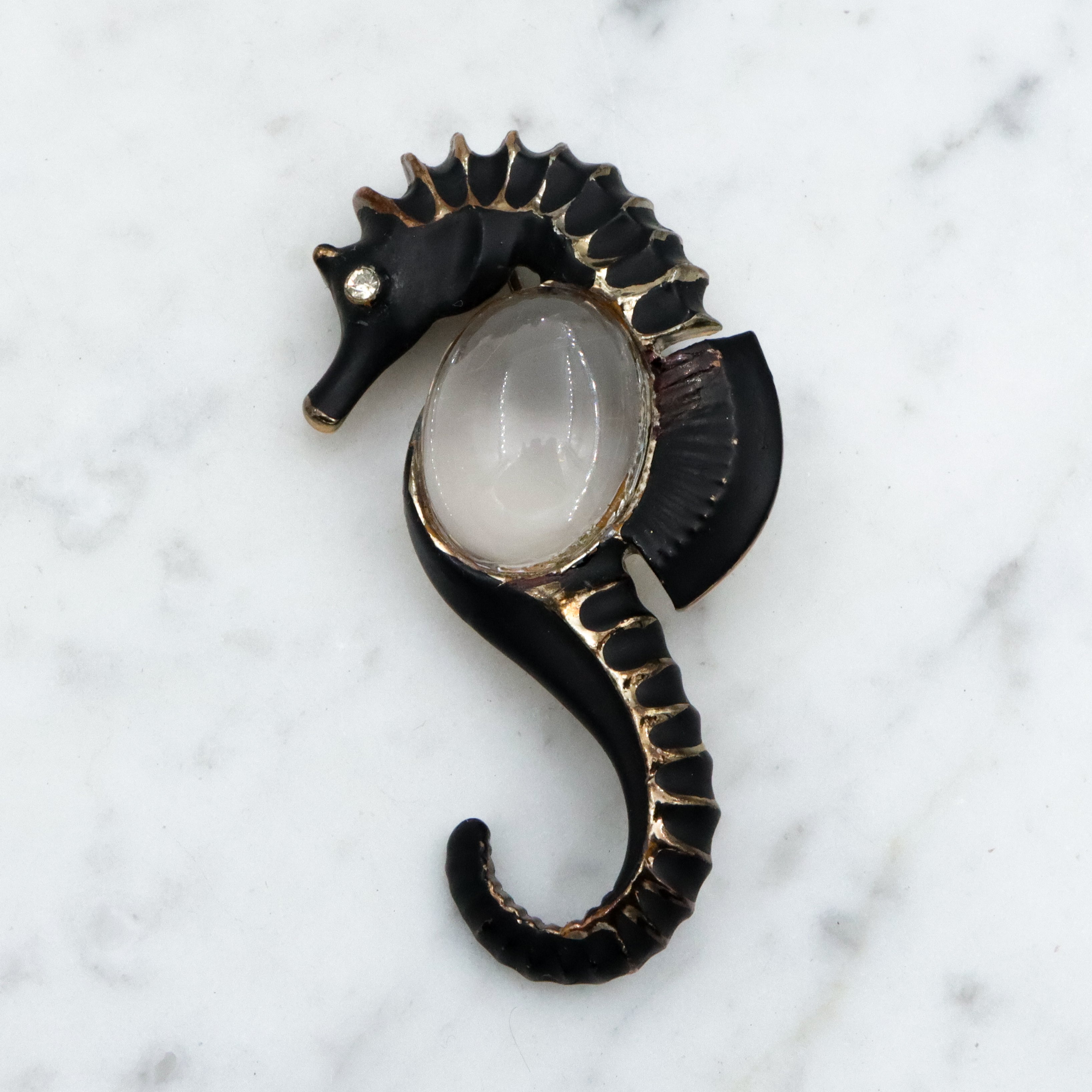 40s black painted seahorse jelly belly brooch