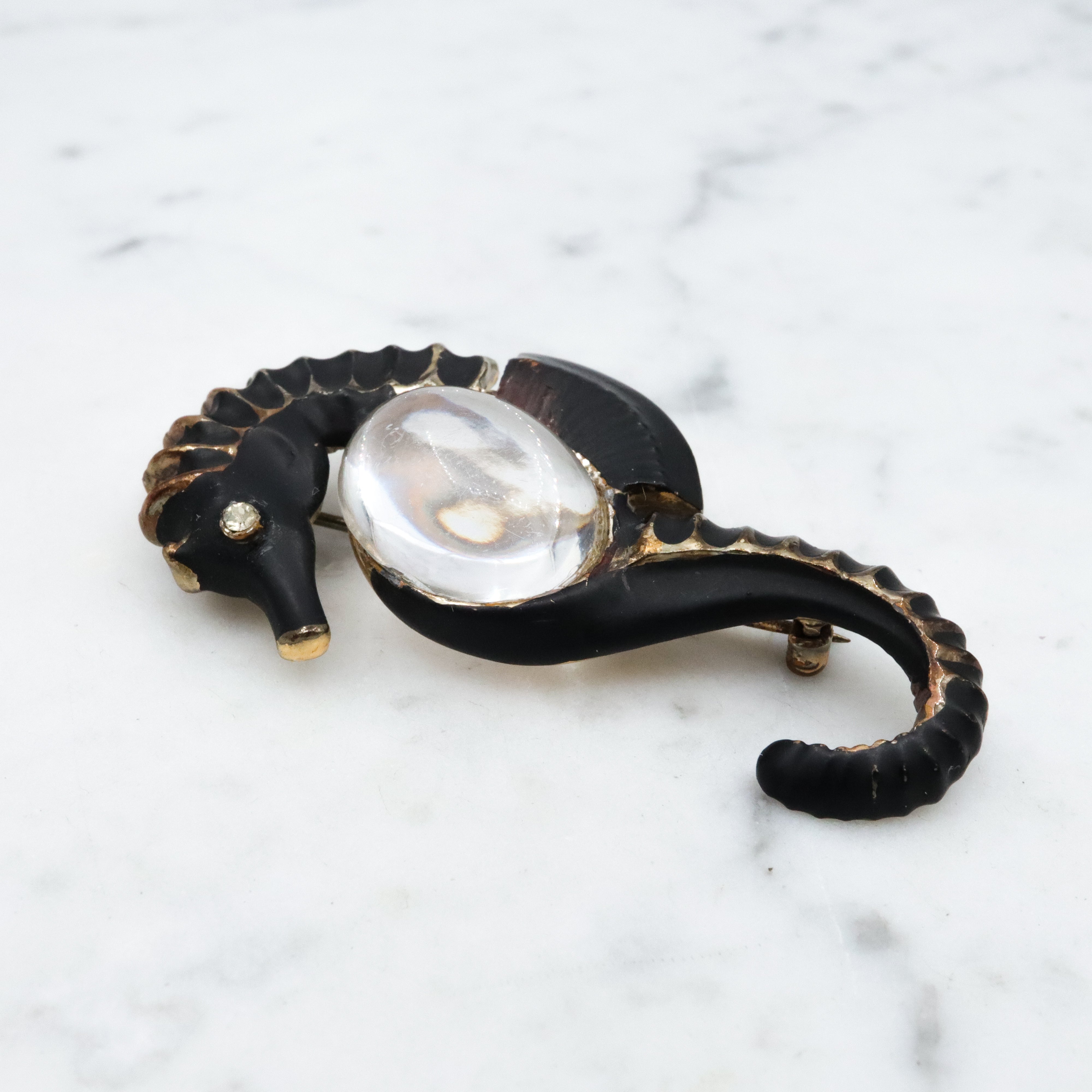 40s black painted seahorse jelly belly brooch