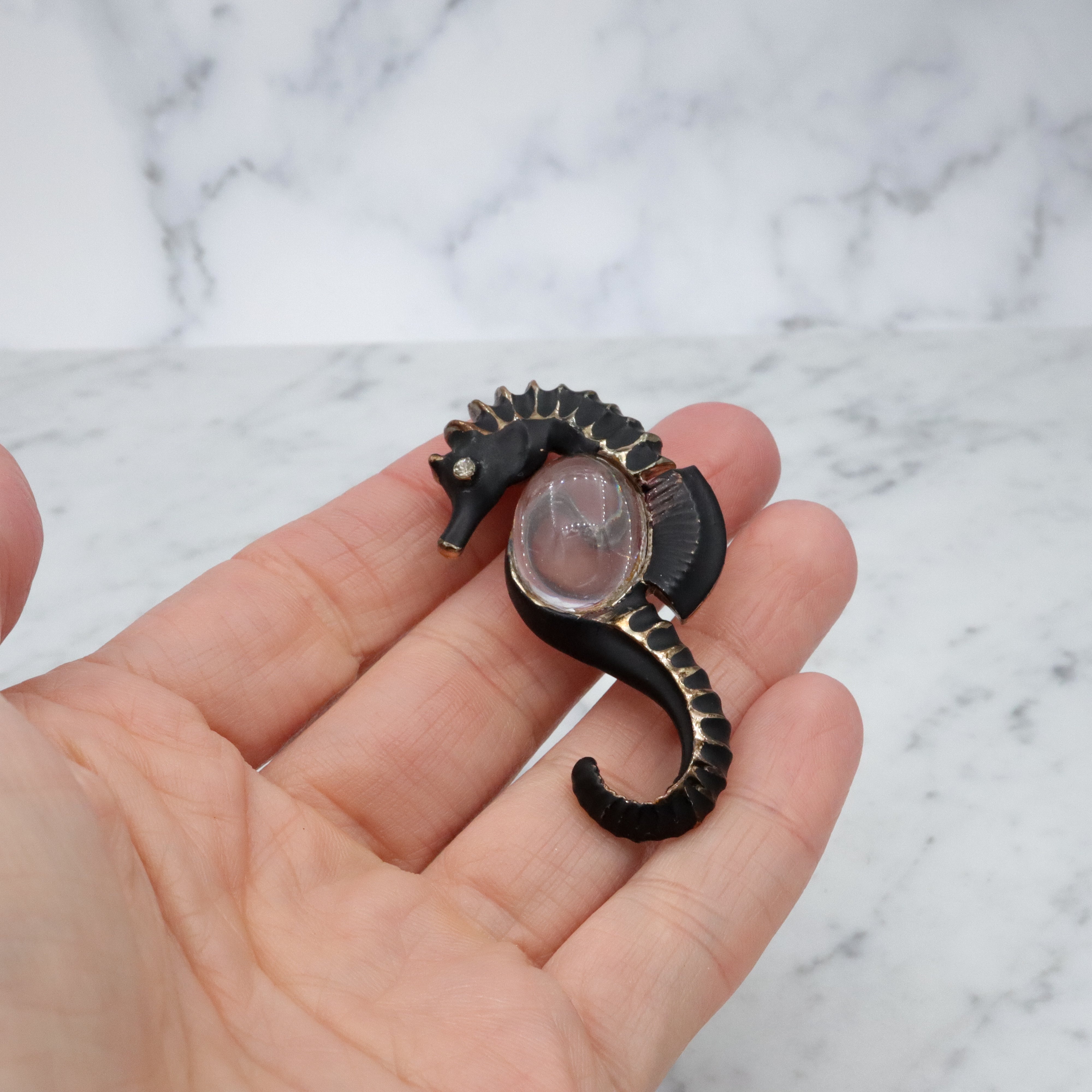 40s black painted seahorse jelly belly brooch
