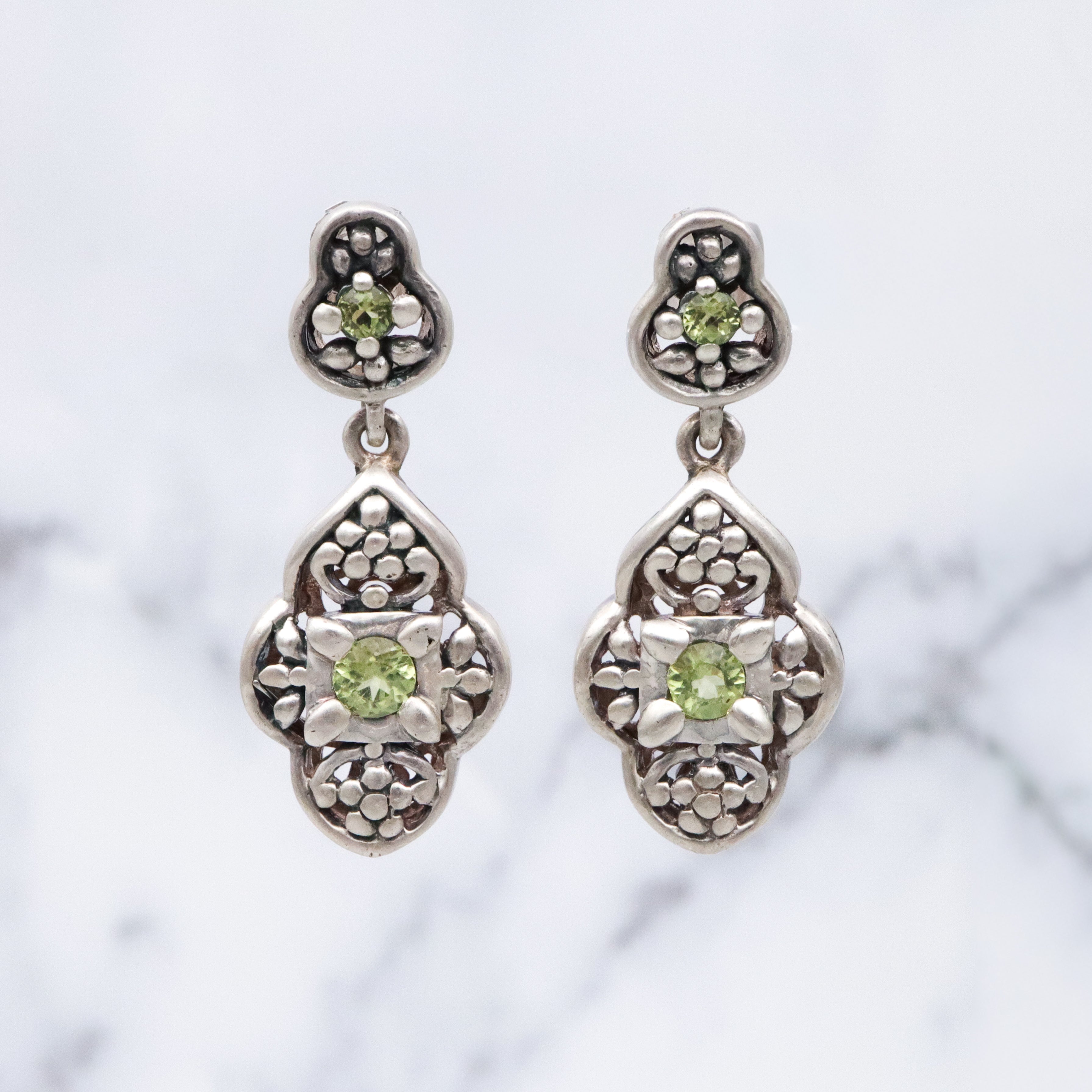 Vintage Balinese style sterling peridot cutout drop earrings